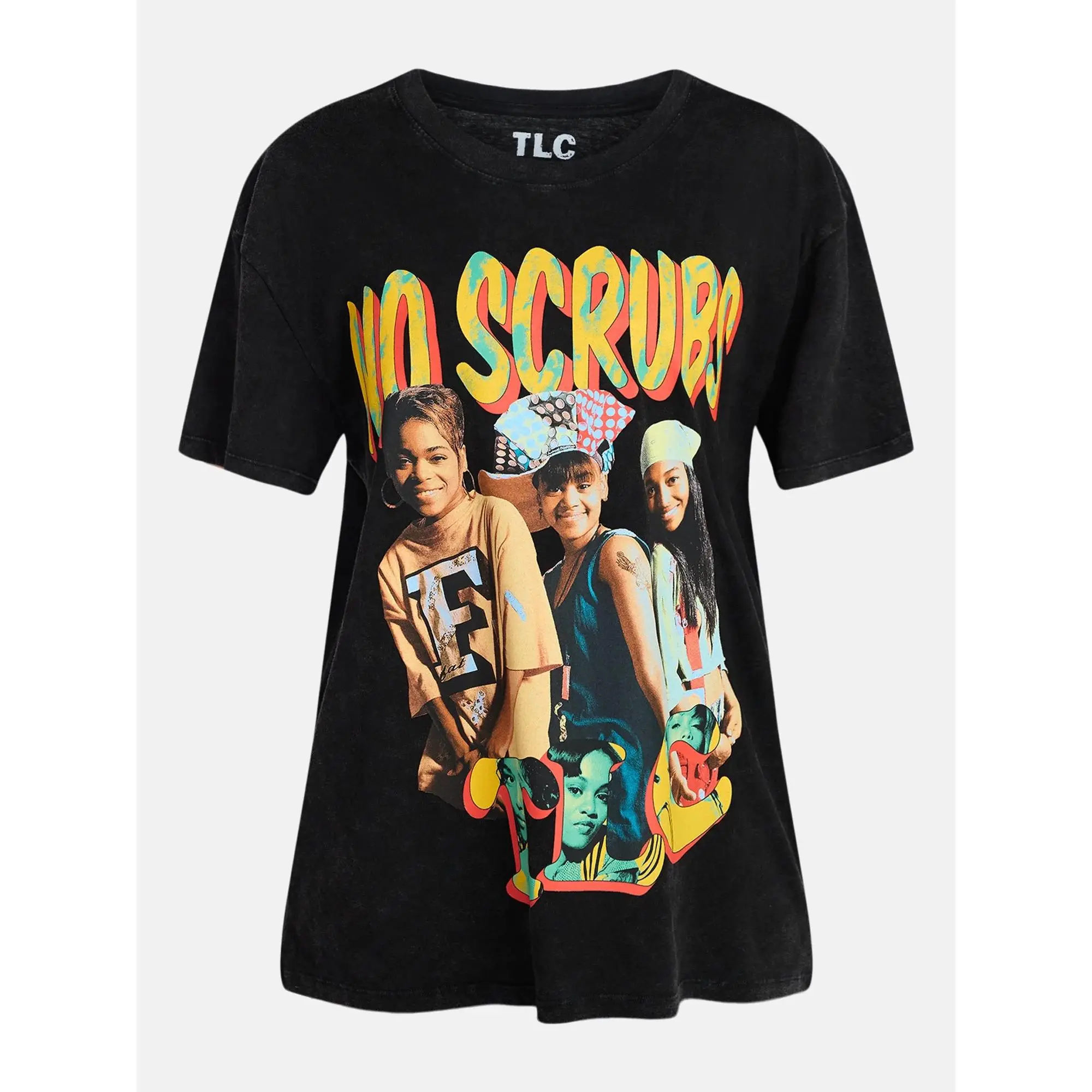 Men's Vintage Washed TLC No Scrubs Classic R&B Girl Group Portrait Retro Letter Graphic Ribbed Crew Neck Shortsleeve Tshirt - Relaxed Fit, Oversized, Casual Daily All-Season Hip Hop Music Fan Pullover Tops, Menswear, Streetwear, Print, Soft, Front & Back,