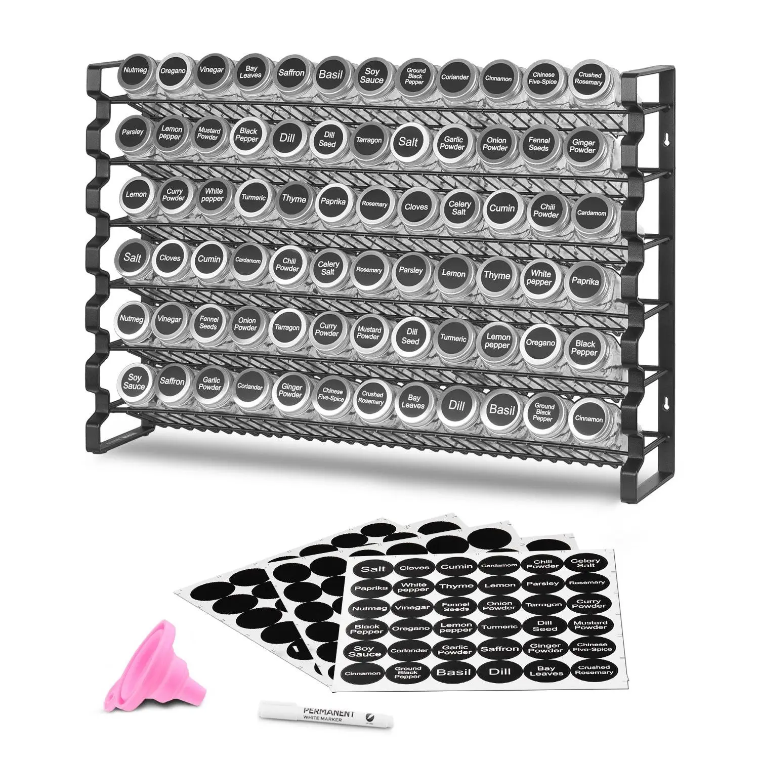 VEVOR Spice Rack Organizer for Cabinet, Spice Organizer with 72 Empty Spice Jars, Lids, Spice Labels, and Funnel Complete Set, Seasoning Organizer for Countertop, Kitchen, Pantry, Cupboard, 23x16 in