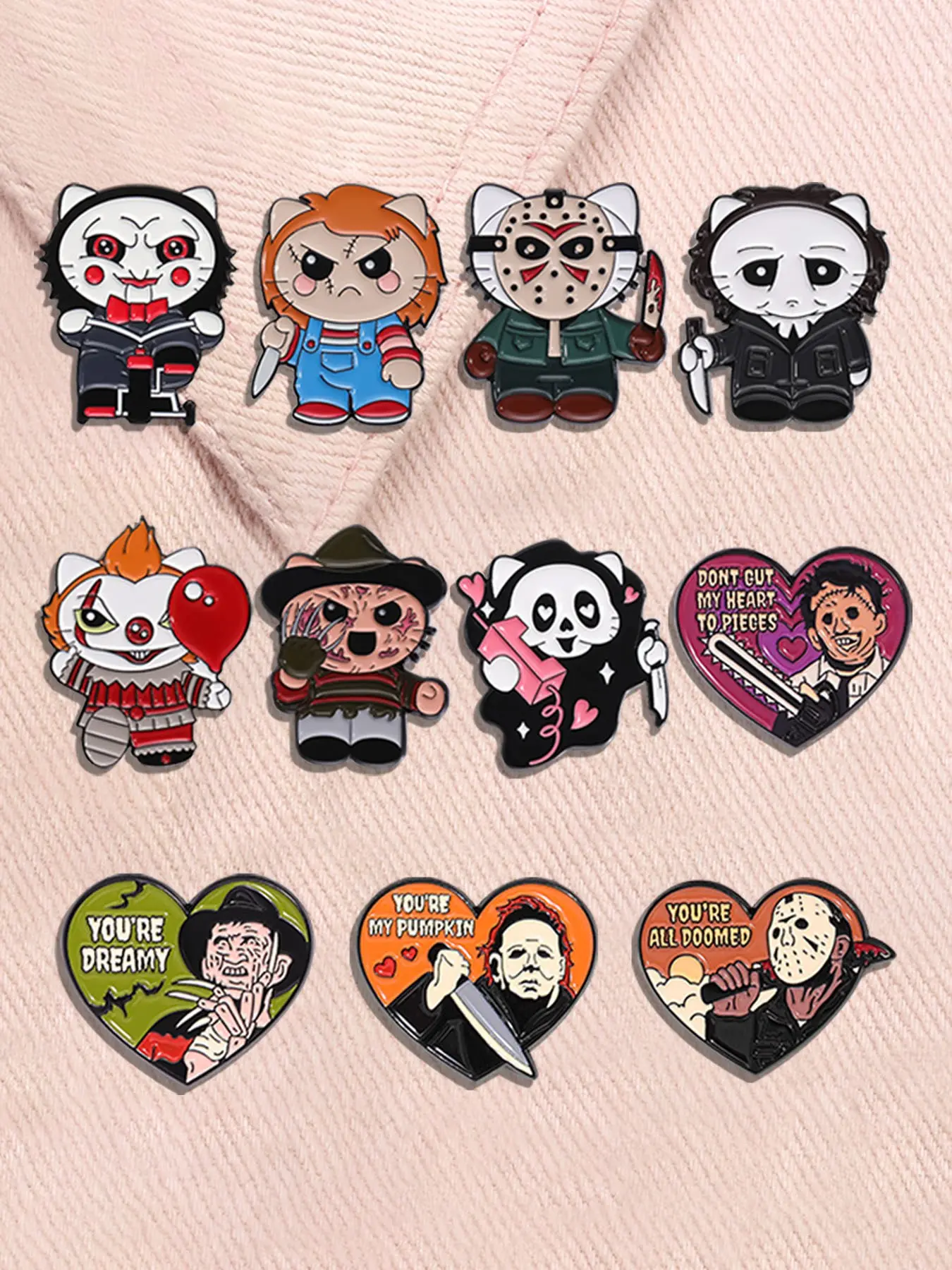10-Piece Halloween Horror Movie Series Enamel Brooch Set, Killer Clowns Friday the 13th Nightmare Alley Alloy Pin Badge Jewelry Gift