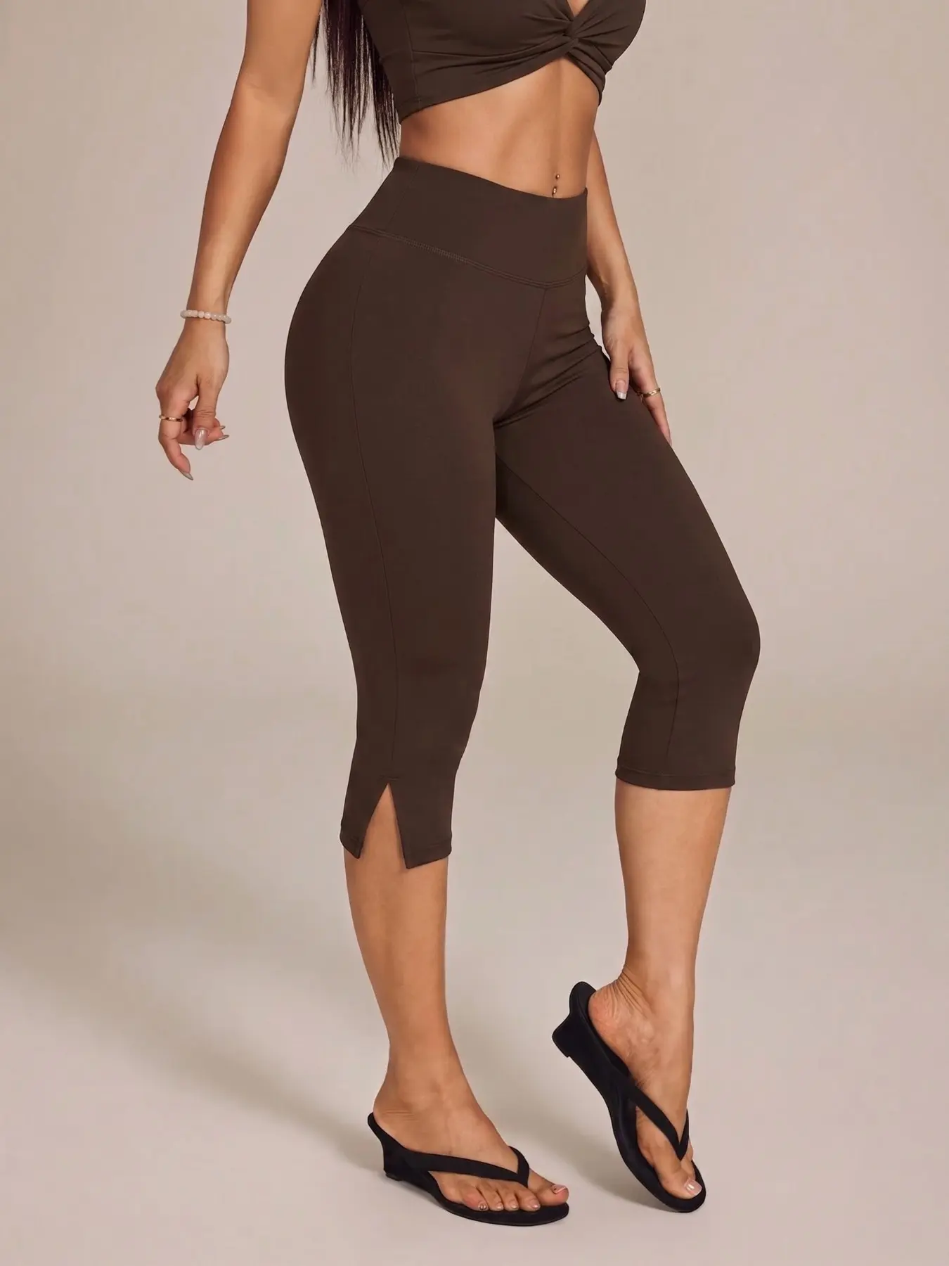 Brown High Waist Split Hem Capri Casual Leggings Women Slim Fit Bodycon Cropped Pants Sexy Streetwear Summer Going Out Bottom Elegant Chic Form Fitted Knee-Length Trousers Fashion High Waisted Legging