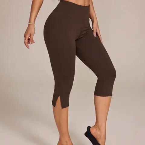 Brown High Waist Split Hem Capri Casual Leggings Women Slim Fit Bodycon Cropped Pants Sexy Streetwear Summer Going Out Bottom Elegant Chic Form Fitted Knee-Length Trousers Fashion High Waisted Legging