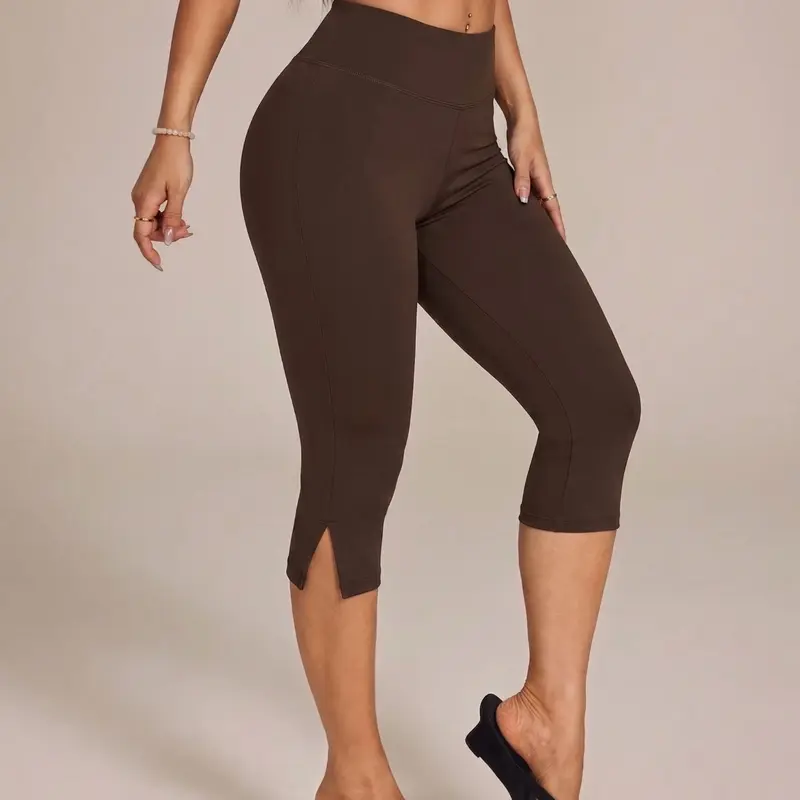 Brown High Waist Split Hem Capri Casual Leggings Women Slim Fit Bodycon Cropped Pants Sexy Streetwear Summer Going Out Bottom Elegant Chic Form Fitted Knee-Length Trousers Fashion High Waisted Legging