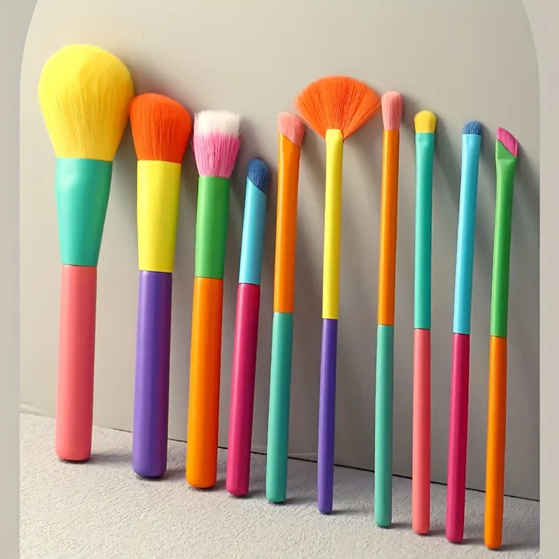 10Pcs Rainbow Color-block Makeup Brush Set, Cosmetic Brushes Set, Super Soft Skin-friendly Bristles, Includes Foundation, Blush, Eyeshadow, Eyebrow and Lip Brushes, Even Powder Application, Beginner-friendly Beauty Brushes