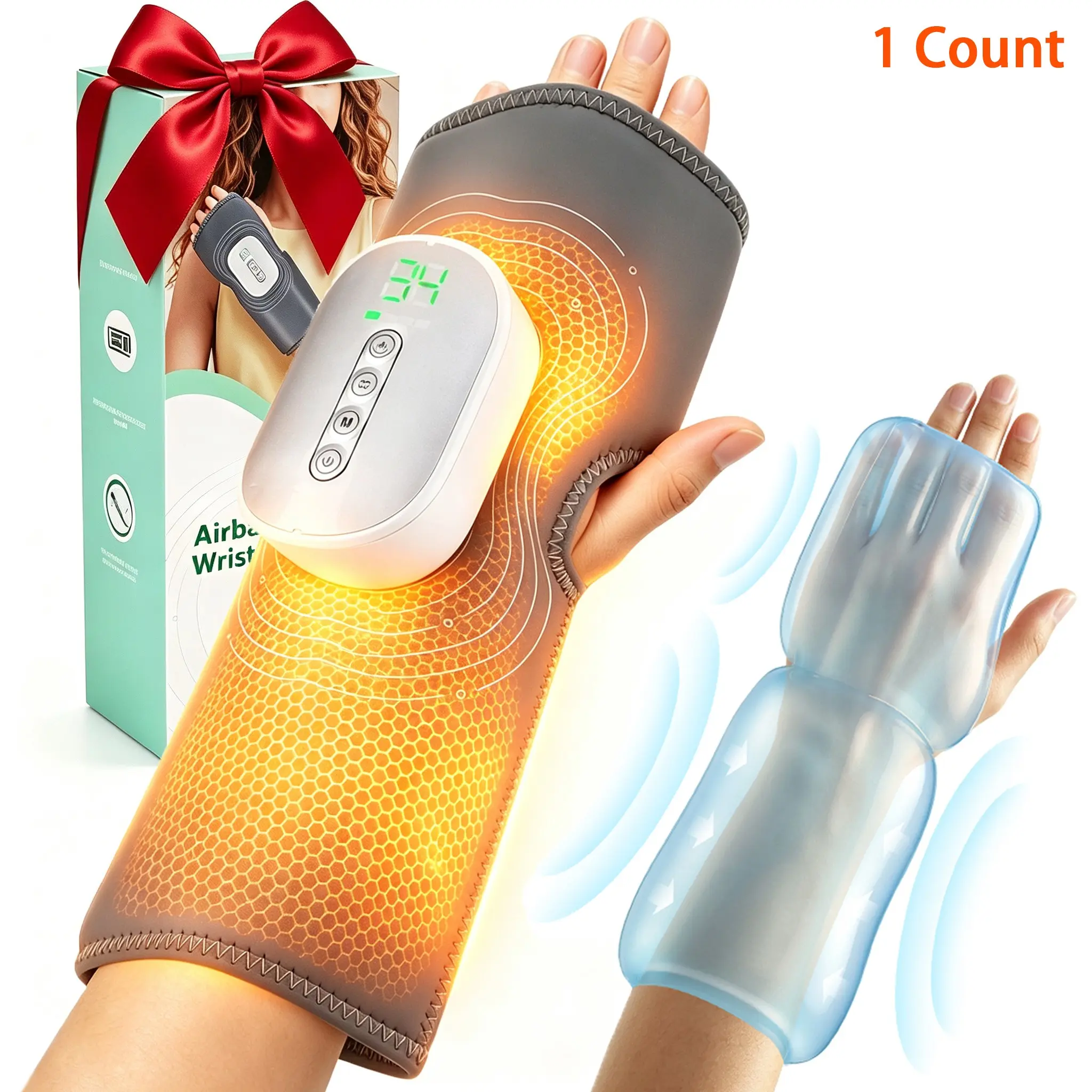Cordless Air Compression Hand Wrist Massager with Heat, Portable Dual Airbag Forearm Compression Sleeve for Fingers Palm Wrist Deep Relaxation, 3 Modes 4 Intensities 4 Heating Levels 15-mins Timer, Heated Wrist Wrap, Hand Heating Pad, Gifts for Men Women