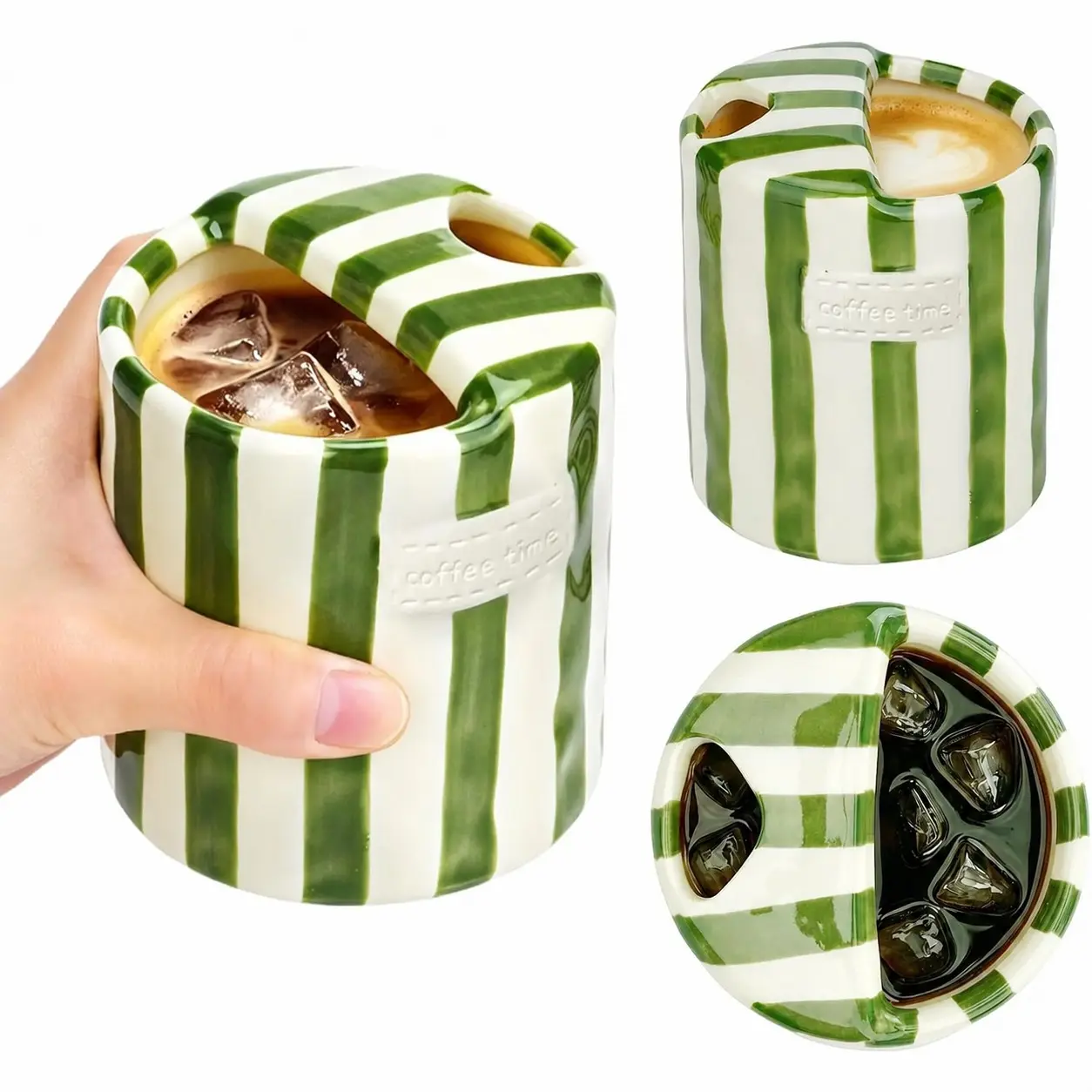 Retro Striped Hand-Painted Ceramic Coffee Mug, 10oz 300ML Vintage Cup, Unique Cutout Grip, Glossy Tea Cup, Gift for Coffee Lovers