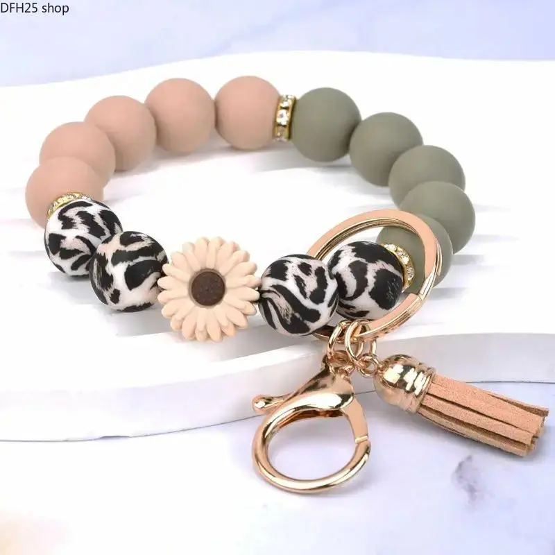 Silicone Beaded Wristlet Keychain for Women, Stretch Bracelet Key Holder with Tassel Charm, Hands Free Accessory for Keys and Daily Carry