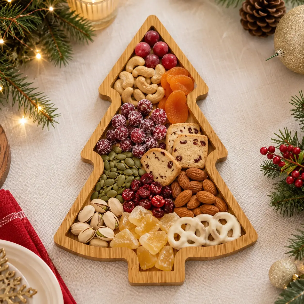 Christmas Tree Shaped Wooden Tray, Multi-Grid Serving Plate for Snacks, Fruits, Nuts & Desserts, Holiday Table Decor for Home, Banquet, Restaurant & Fast Food