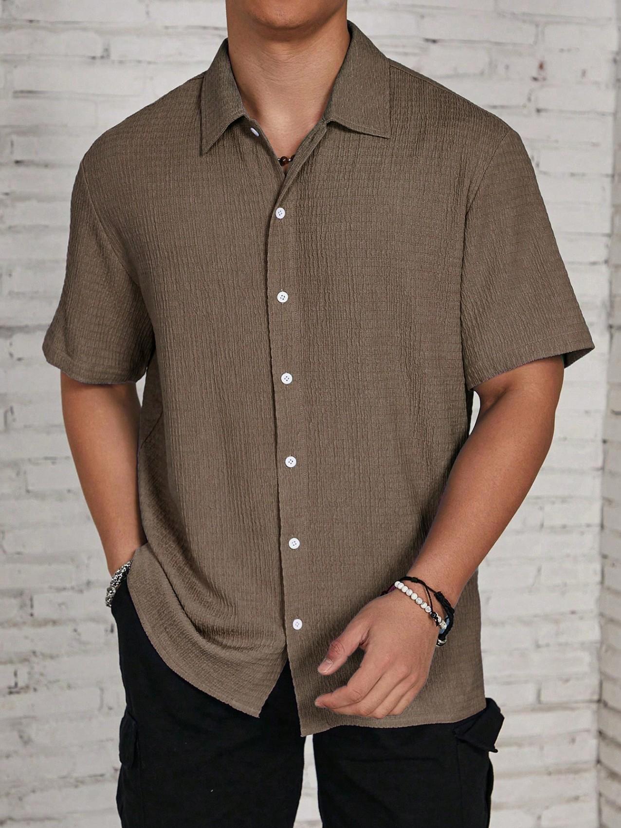 Men's Textured Button Front Shirt, Casual Regular Fit Short Sleeve Collared Top for Summer, Summer Leisure Top 2026, National Day Clothing, Men's Clothes for Daily Wear