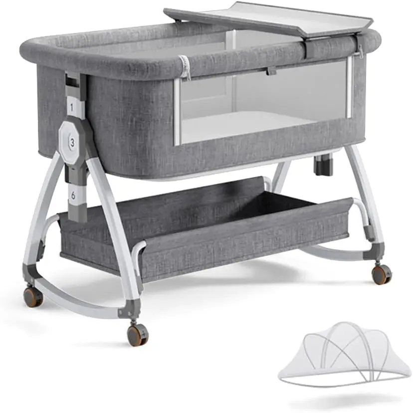 Baby Bassinet, Bedside Bassinet  Baby, 4 in 1 Portable Bassinet Bedside Sleeper with Wheels Mosquito Net & Storage Basket, 6 Height Adjustable Rocking Bassinet  Newborn Baby 0-24 month