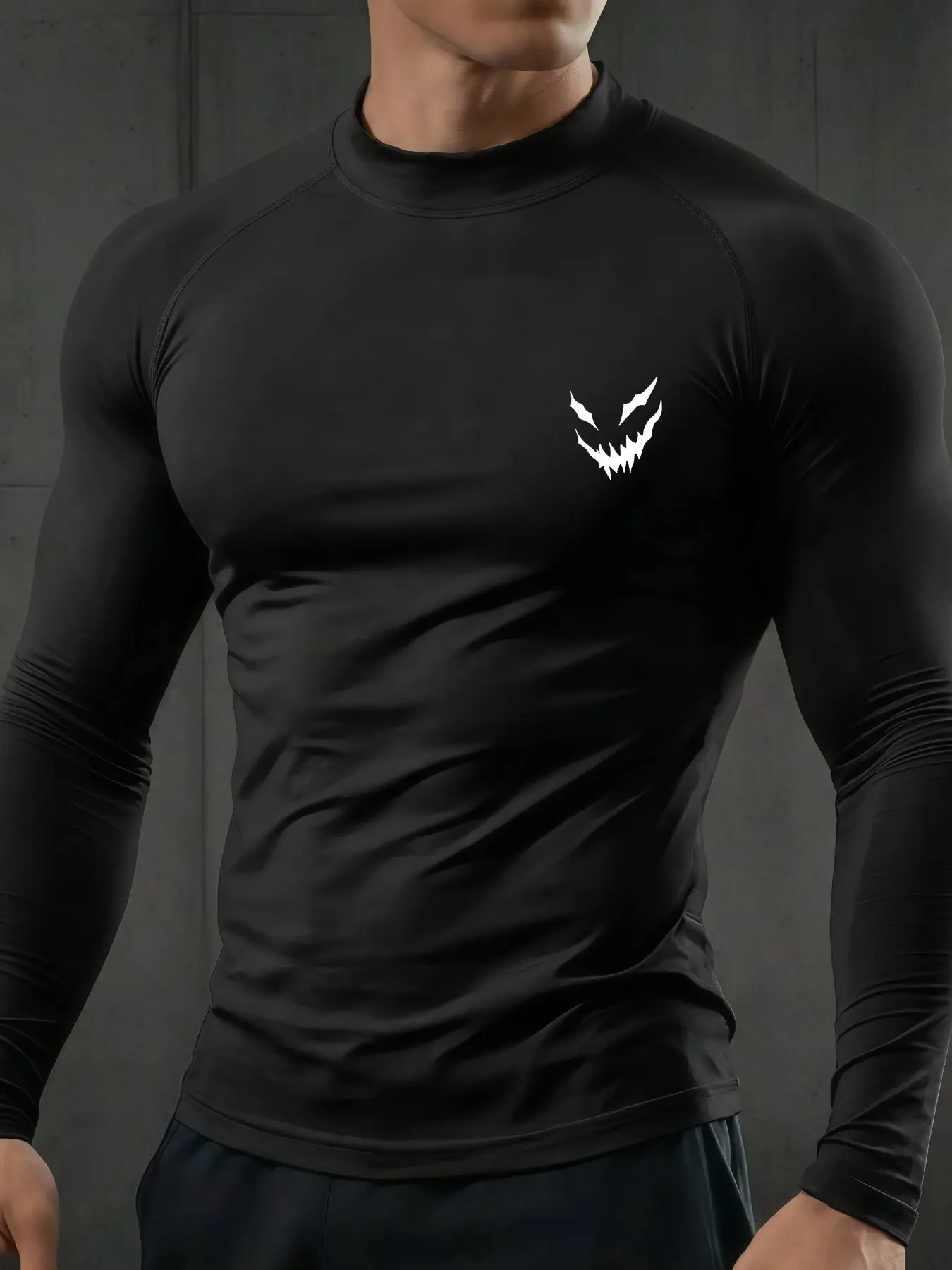 1-Pack Men's Mock Neck Long Sleeve Compression Shirt Black, Evil Grin Graphic Print Athletic Performance Top, Dry Fit Workout Tee for Gym Training Running, Quick Dry Athletic Apparel.