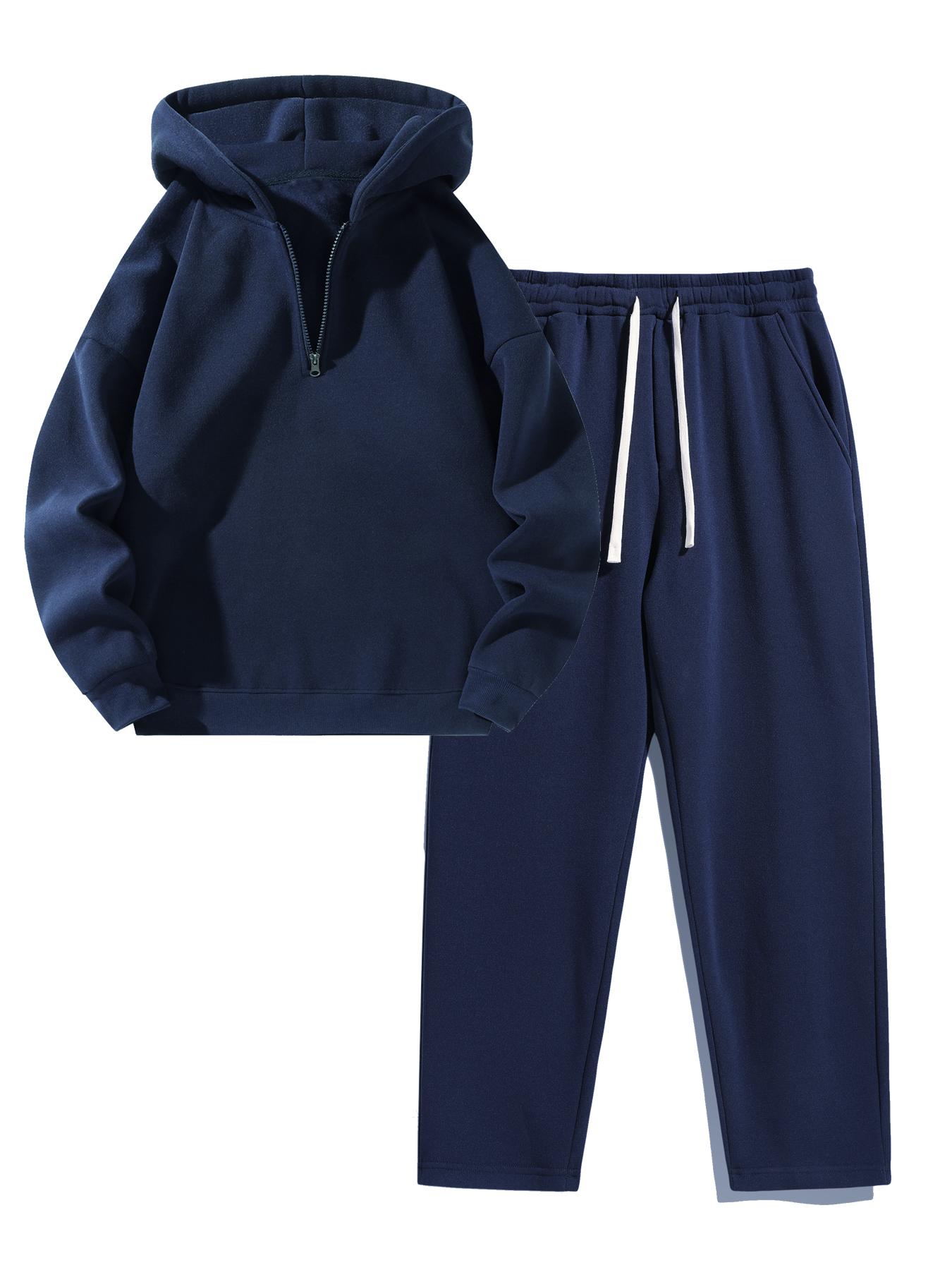 Two-Piece Set Men's Solid Knit Zip Up Hoodie & Drawstring Waist Sweatpants Two-piece Set, Casual Regular Fit Long Sleeve Hooded Sweatshirt & Elastic Waist Pocket Jogger Pants, Men's Two-piece Outfits for Fall & Winter