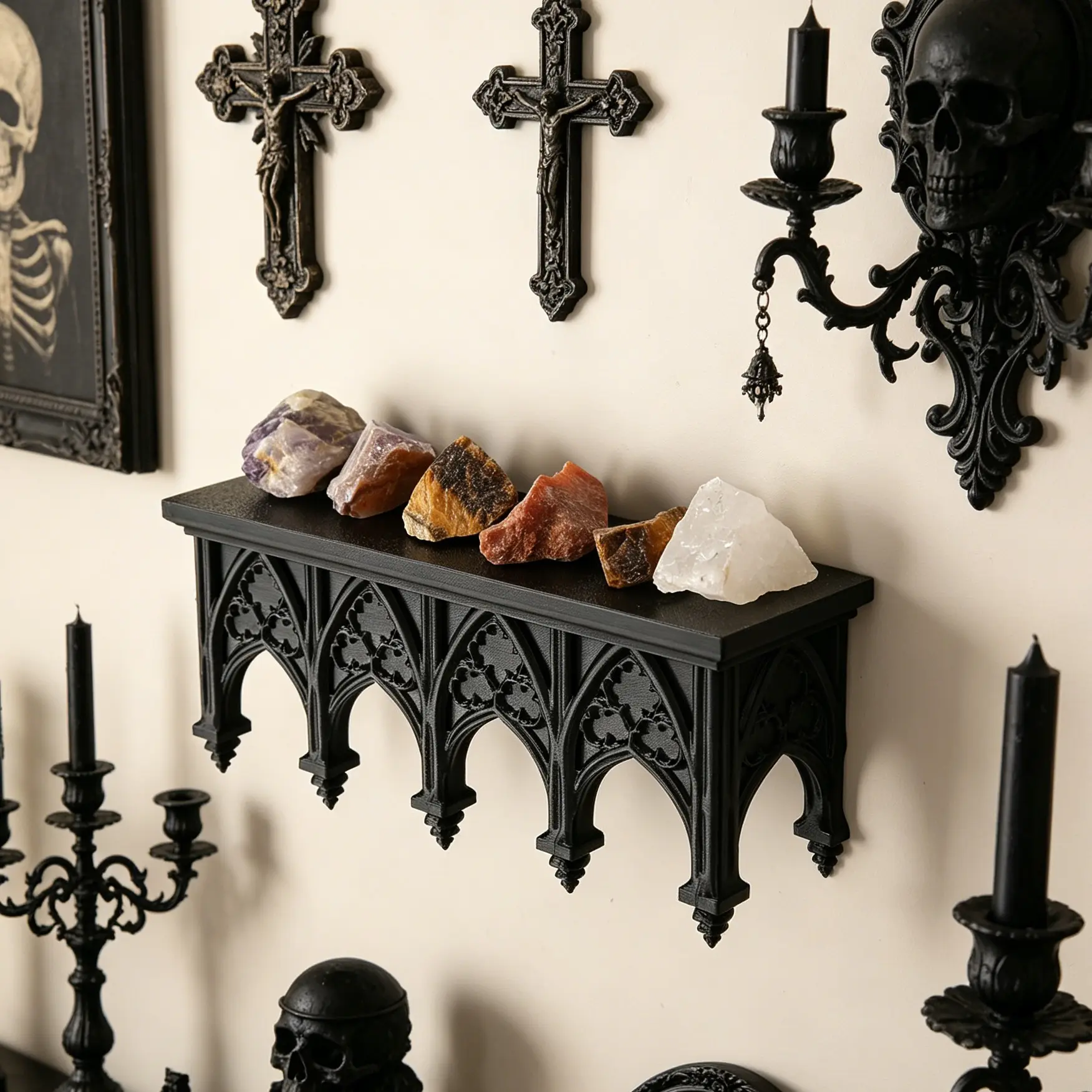 1PC Halloween Gothic Church Arch Wall Mounted Shelf, Retro Dark Style Crystal Stone Display Rack, Square Wall Storage Shelf, Suitable for Home Wall Raw Stone Ornament Jewelry Storage Scenes