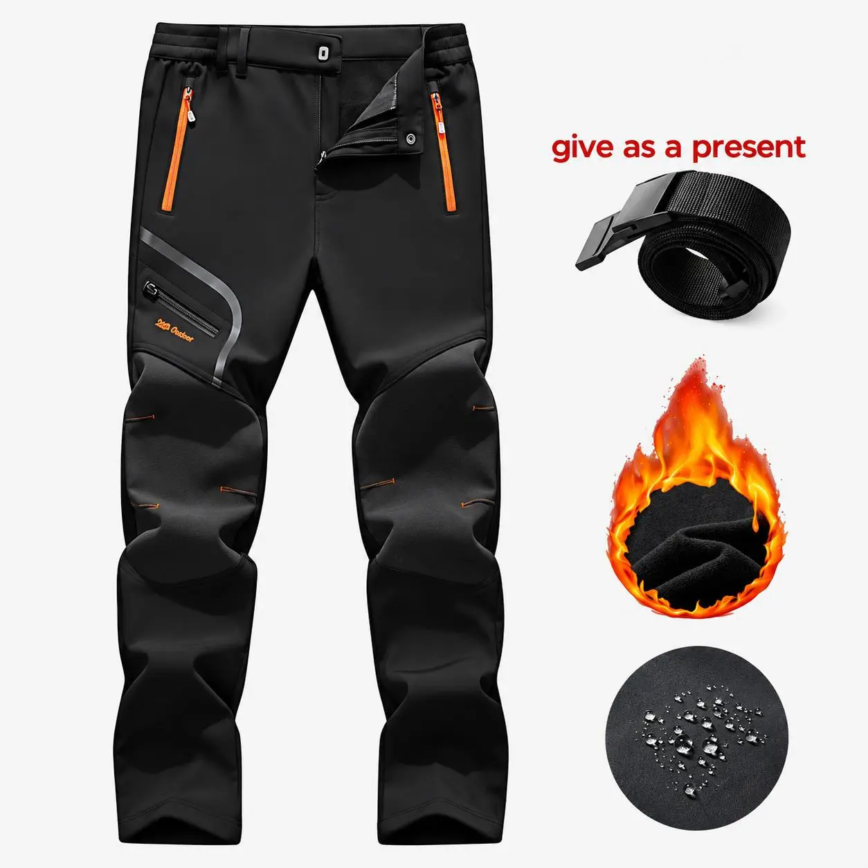 Men's Fleece Lined Outdoor Hiking Pants, Thick Warm Waterproof Windproof Softshell Trousers, Multi Zipper Pockets, Reinforced Knee, Stretch Winter Casual Work Pants for Men, Free Belt As Gift
