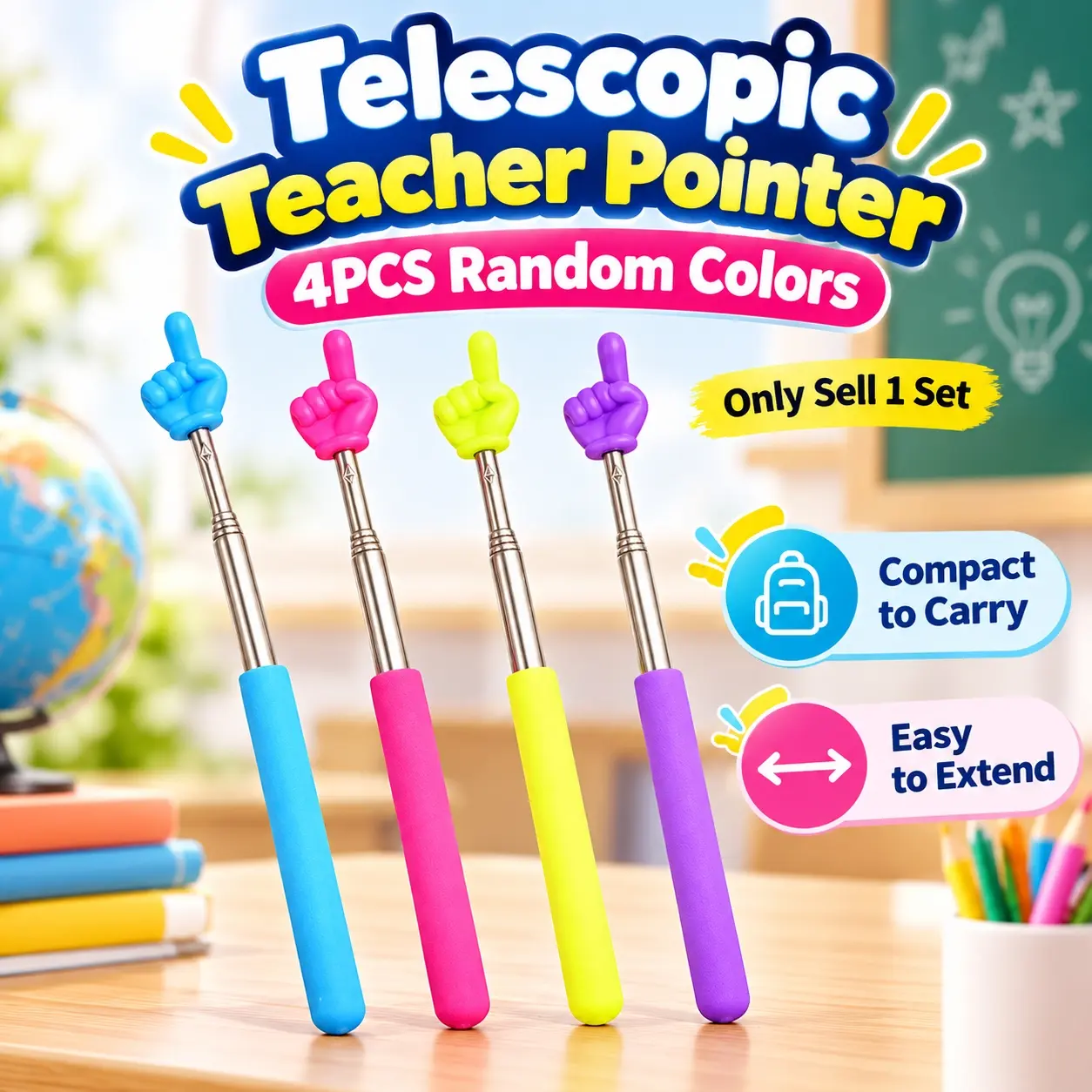 Telescopic Teacher Pointer Stick, Colorful Retractable Finger Reading Pointer with Stainless Steel Extendable Rod, 8.3-26.4 Inch Adjustable Classroom Teaching Wand, Handheld Reading Guide for Teachers, Students, Whiteboards and Presentations