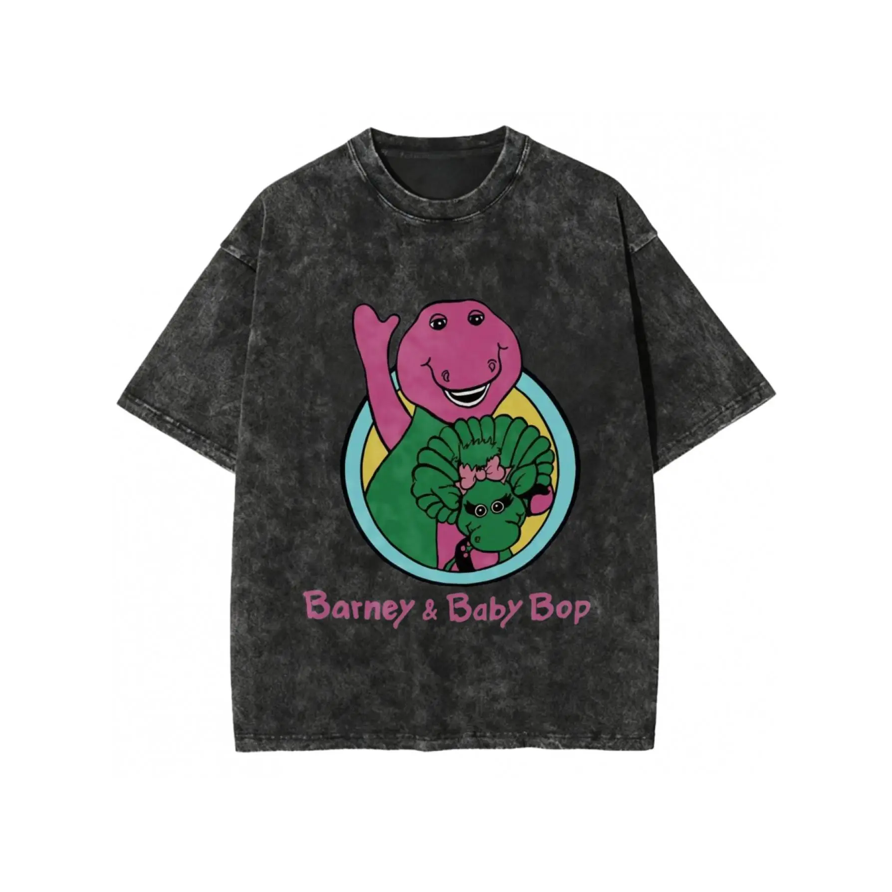 Acid Wash Distressed Short Sleeve T-Shirt For Men Women, Barney & Baby Bop Purple Dinosaur Cartoon Vintage Kids TV Graphic Oversized Crew Neck Casual Grunge Streetwear Soft Knit Cotton Daily Fashion Top