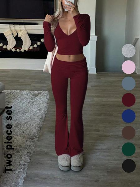 Slim-Fit Crop Top & Pants Two-Piece Set, Solid Color V-Neck Long Sleeve for Fall and Winter, Airport Outfit Slim-Fit Crop Top & Pants Two-Piece Set, Solid Color V-Neck Long Sleeve for Fall and Winter, Airport Outfit