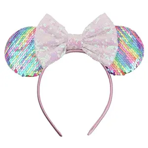 Mouse Ear Headband with Shiny Bow Mouse Ear Glitter Party Princess Decoration Girl's Costume (Sequin Rainbow-1)