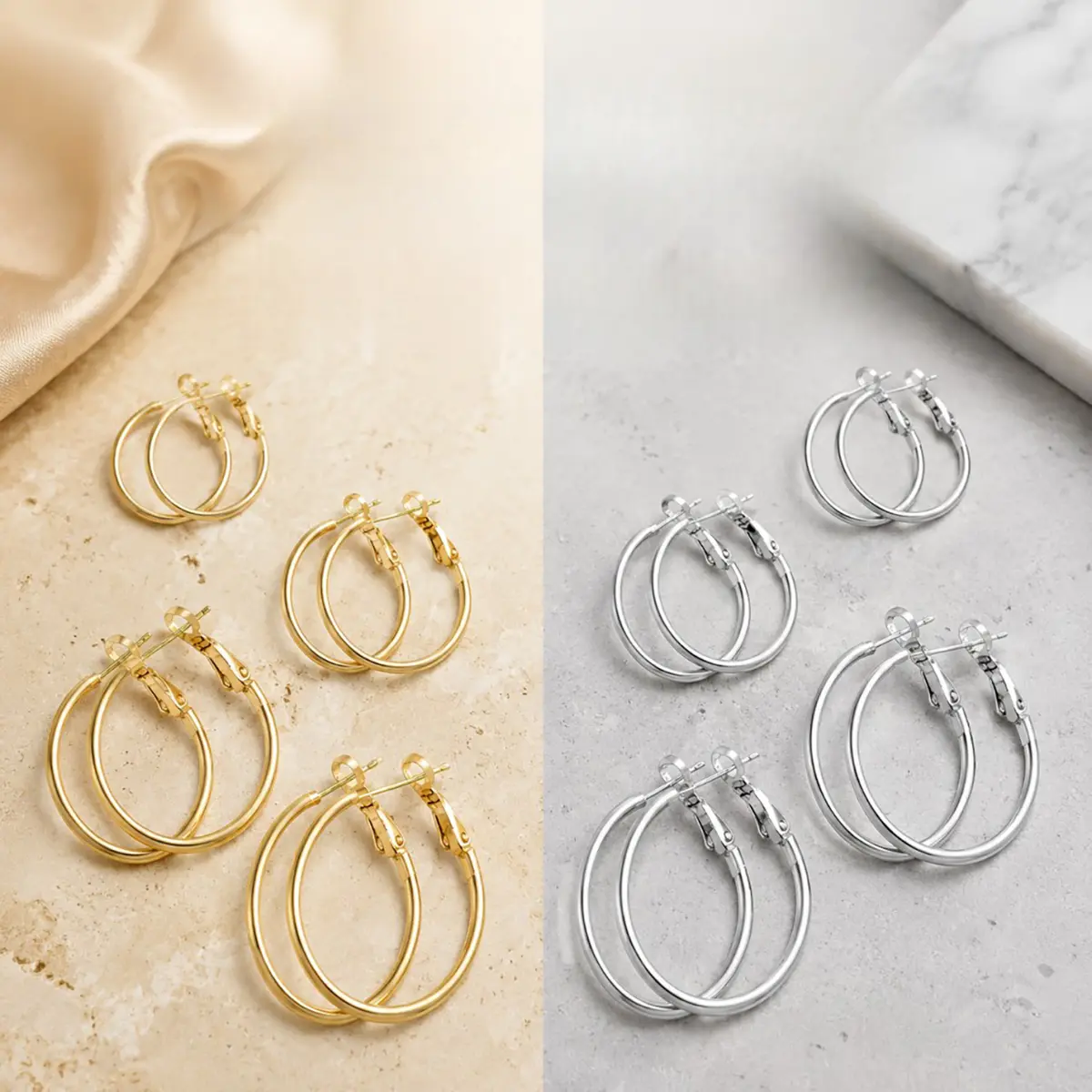 14K Gold Plated Multi Size Hoop Earring Sets for Women 4 Sizes 30/40/50/60mm Gold & Silver Tone Hypoallergenic Waterproof Lightweight Oversized Sleek Secure Latch Back Everyday Trendy Statement Hoops Jewelry Gift for Daily Office Night Out Party