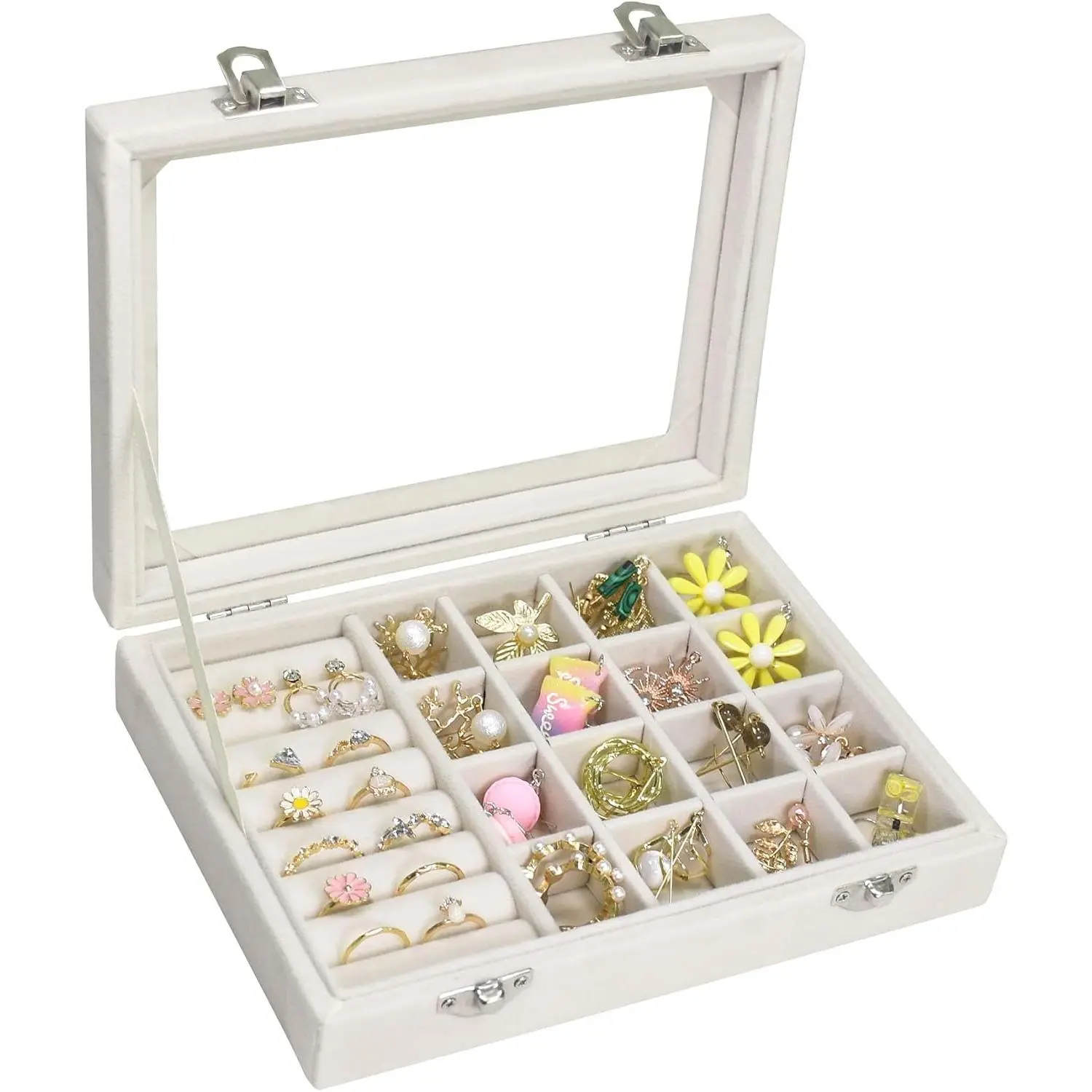 Organizer Tray 7 Ring Slots & 16 Grid Compartments Glass Lid Display Case Holder for Rings Earrings Bracelets for Girls Wife Mom Women(Beige)