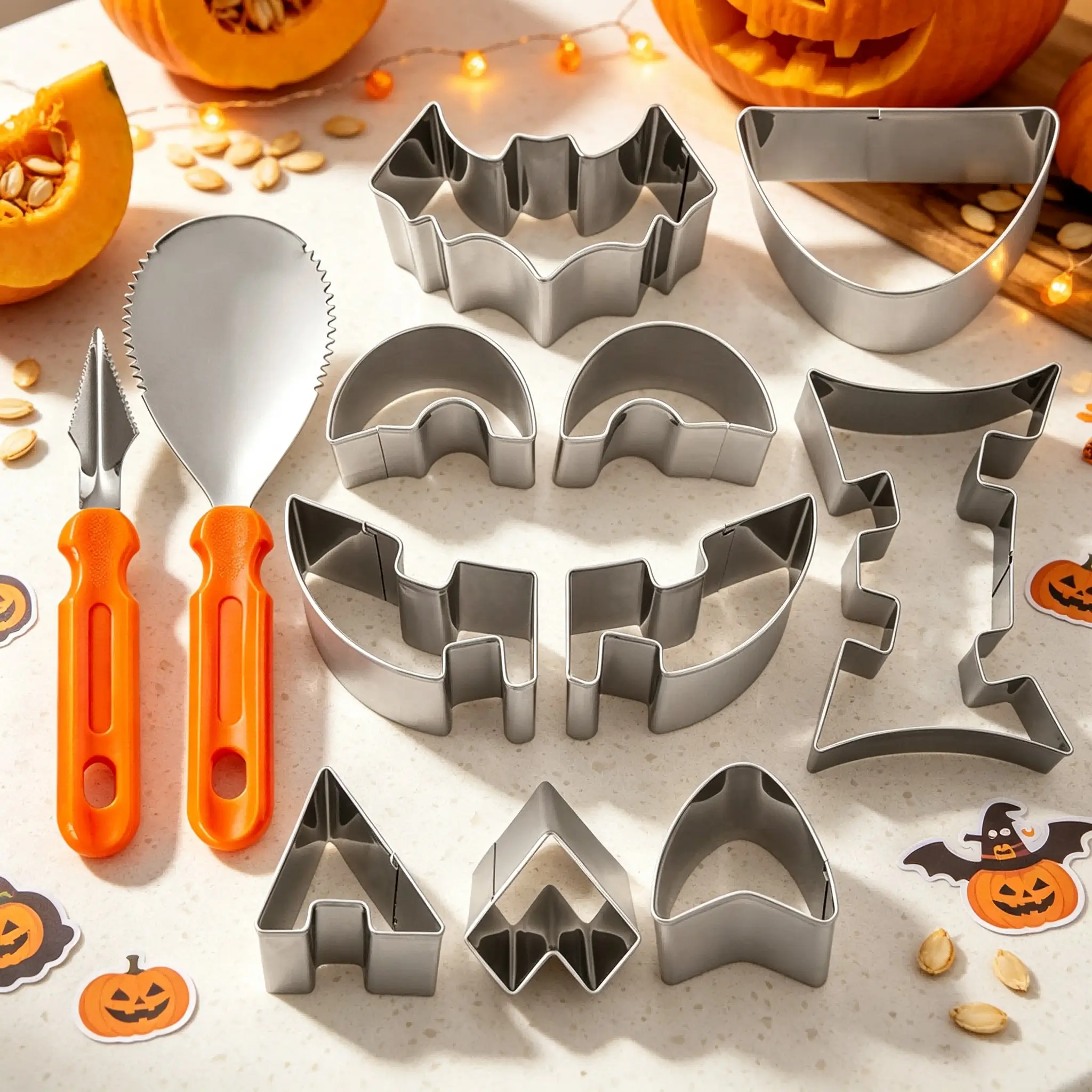 12PCS Halloween Pumpkin Carving Tools Kit, Premium Stainless Steel, 10 Molds 2 Tools Gift Box, Day of The Dead Family Fun, Dishwasher Safe Reusable for DIY Pumpkin Lantern Holiday Decor