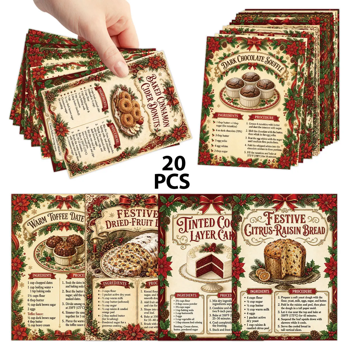 20pcs Festive Christmas Recipe Cards, Vintage Holiday Dessert Baking Recipe Cards with Macarons, Cake, Pudding & More, Kitchen Baking Reference Cards, Gift for Bakers & Baking Lovers