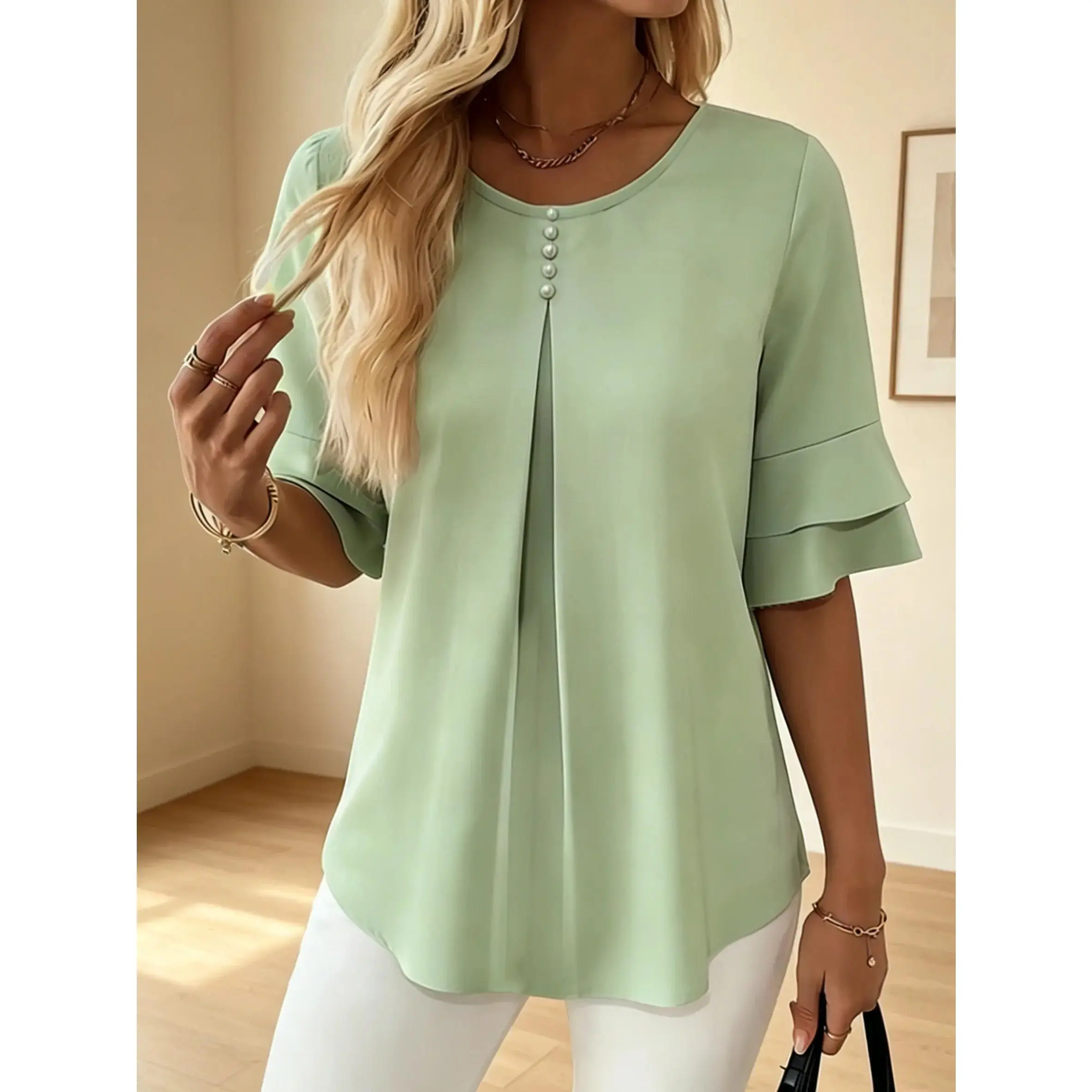 Womens Casual Ruffle Short Sleeve Blouse Double Layer Flutter Sleeve Shirt Loose Fit Slimming Top Polyester Comfortable Everyday Wear 2026 Summer Trendy Sweet Elegant Tunic Cute Work Office Apparel Flowy Basic Tee