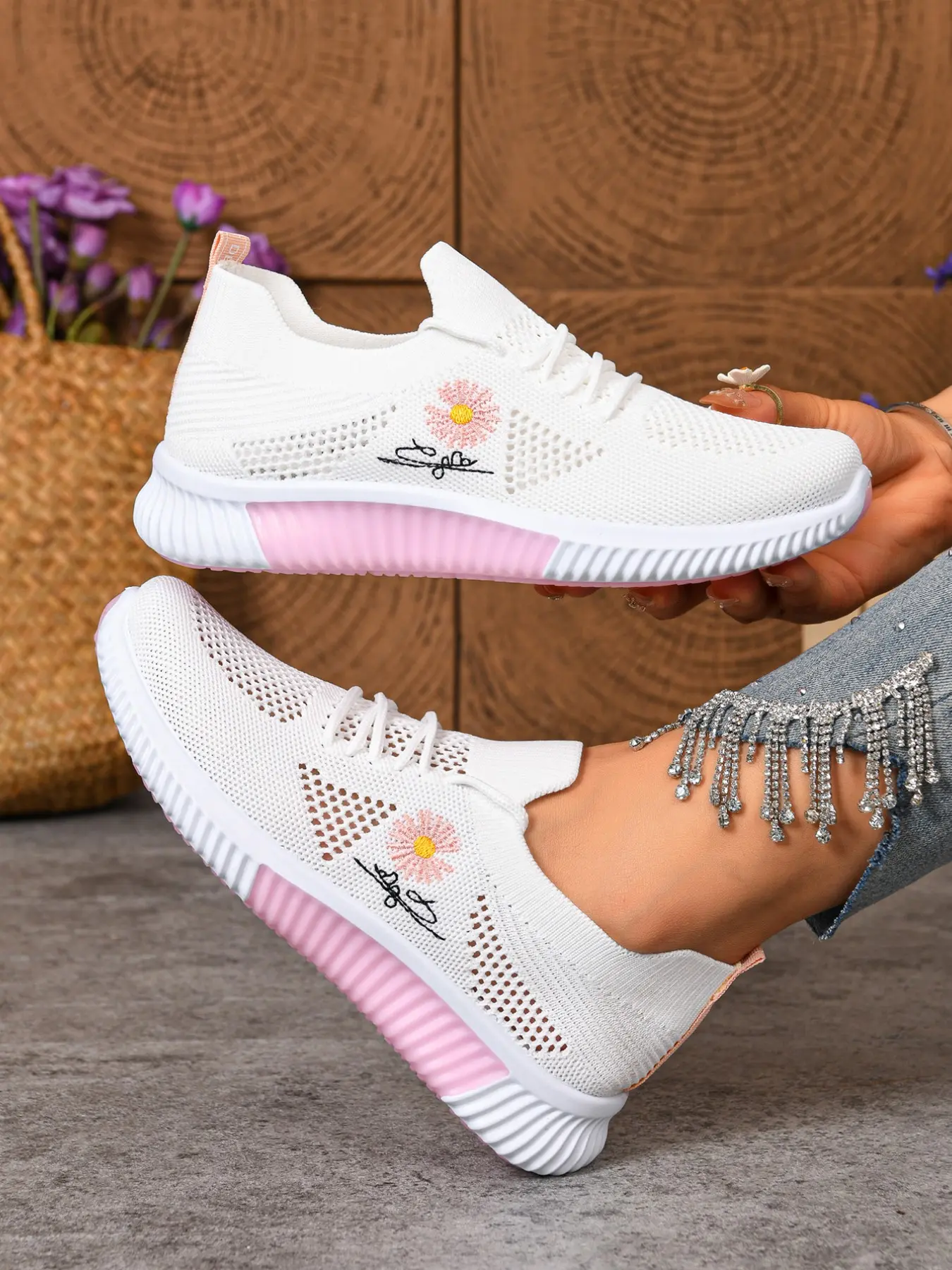 Ladies Low Top Knitted Casual Shoes, Cute Daisy Embroidery Lace Up Hollow Out Sneakers, Stylish Color Block Daily Shopping Travel Outdoor Matching Footwear for Women