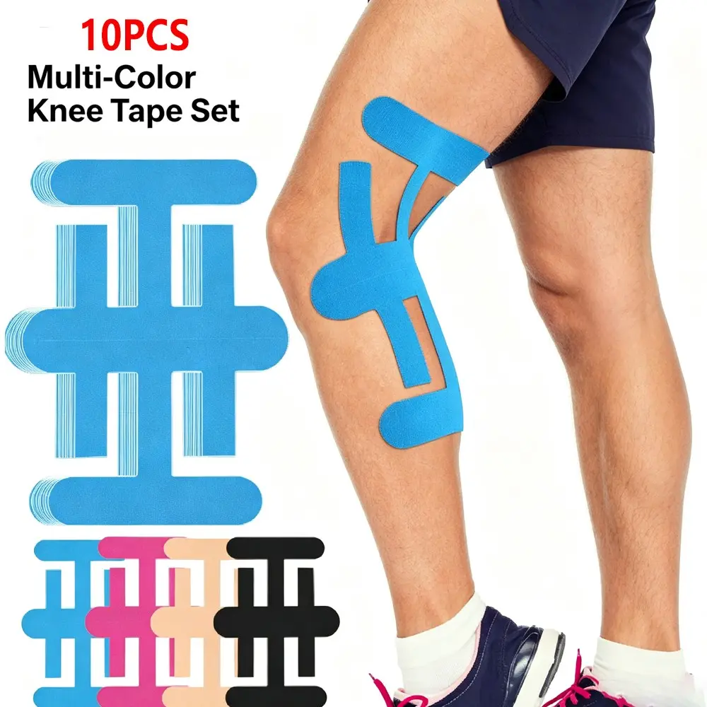 10PCS Knee Precut Kinesiology Tape, Flexible Contoured Compression Tape, Pre-Shaped Elastic Knee Support Bandage for Workout, Running and Athletic Use