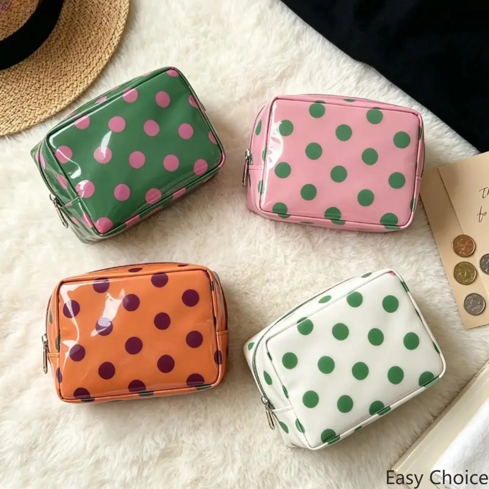 New Glossy Polka Dot Mini PVC Makeup Pouch, Waterproof Portable Hand Coin Purse, Multi-Functional Travel Storage Bag for Sanitary Napkins, Small Cosmetics & Tiny Essentials for Daily Carry and Vacation Trips