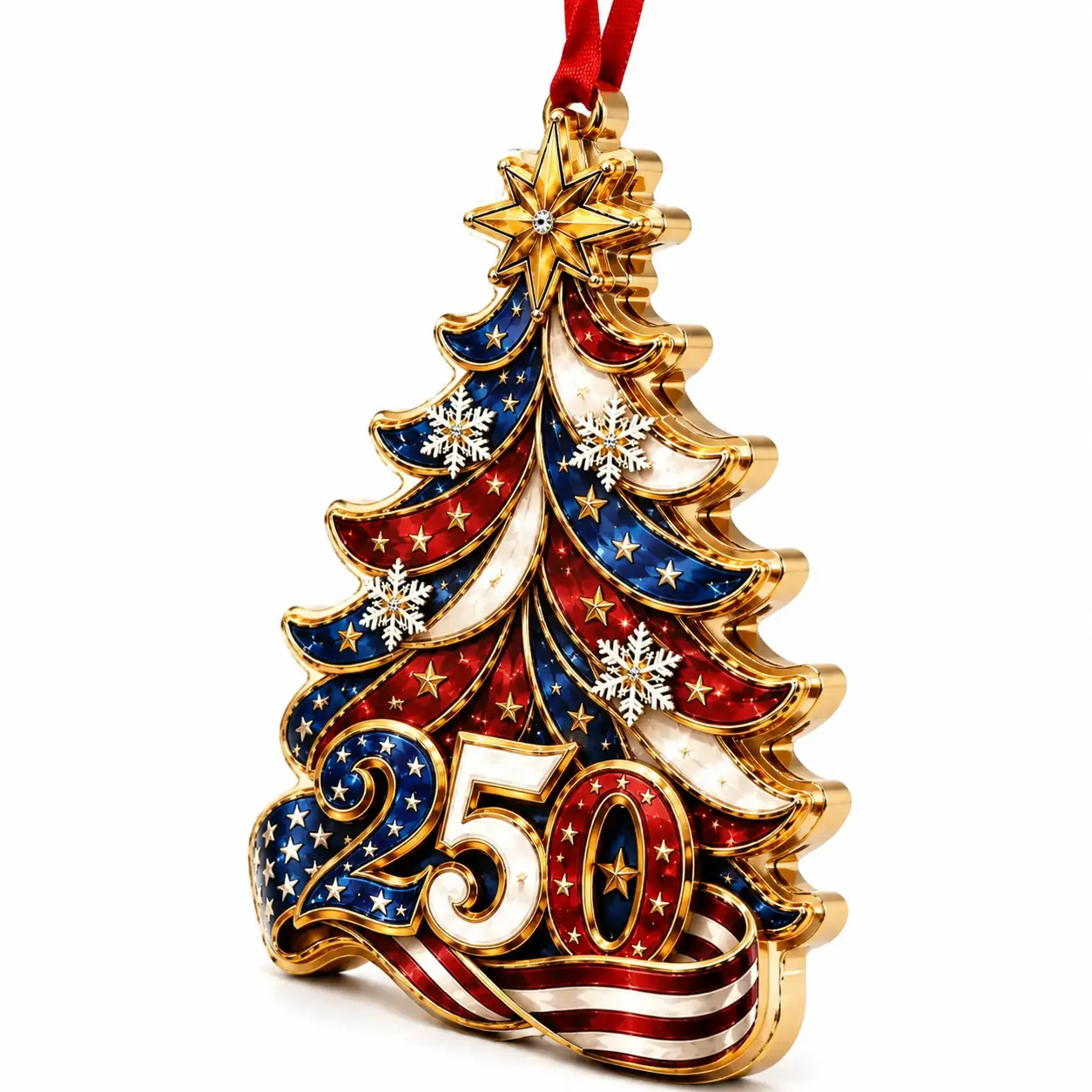 250th Anniversary Commemorative Acrylic Christmas Ornament Set – Patriotic Red, White, and Blue Flag Design with Elegant Red Ribbon, Gift-Ready Envelope Card, Ideal for Holiday Decor, Office Party, Home Display, and Historical Celebration