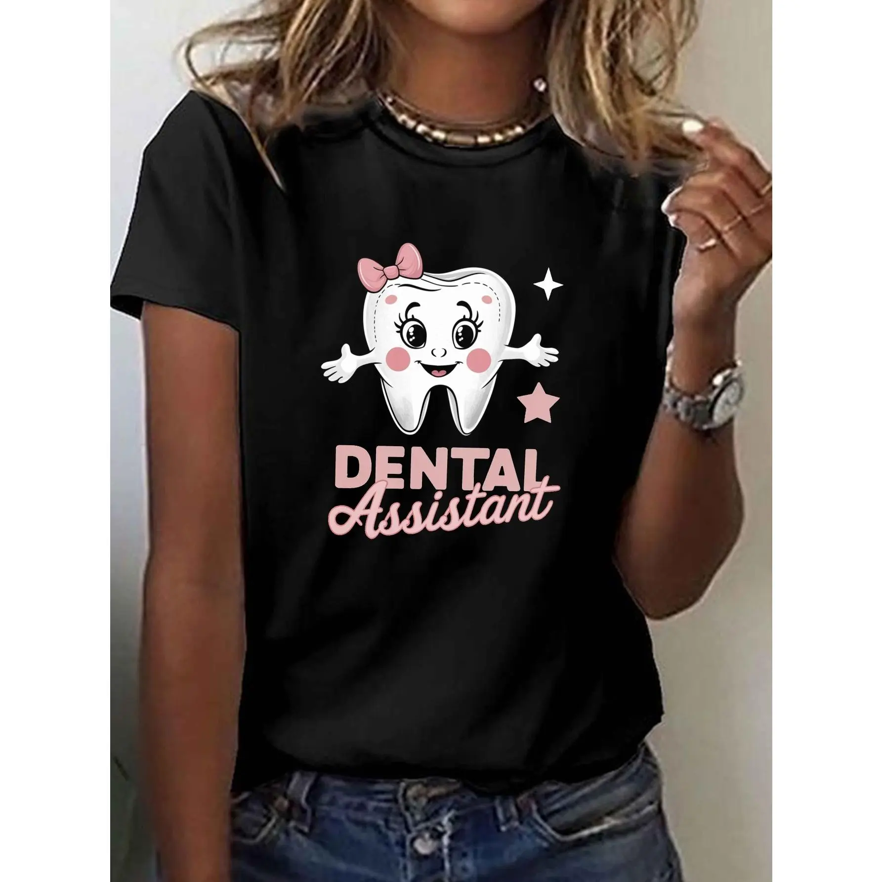 DENTAL Assistant Print T-shirt, Short Sleeve Crew Neck Casual Top for Summer & Spring, Women's Clothing