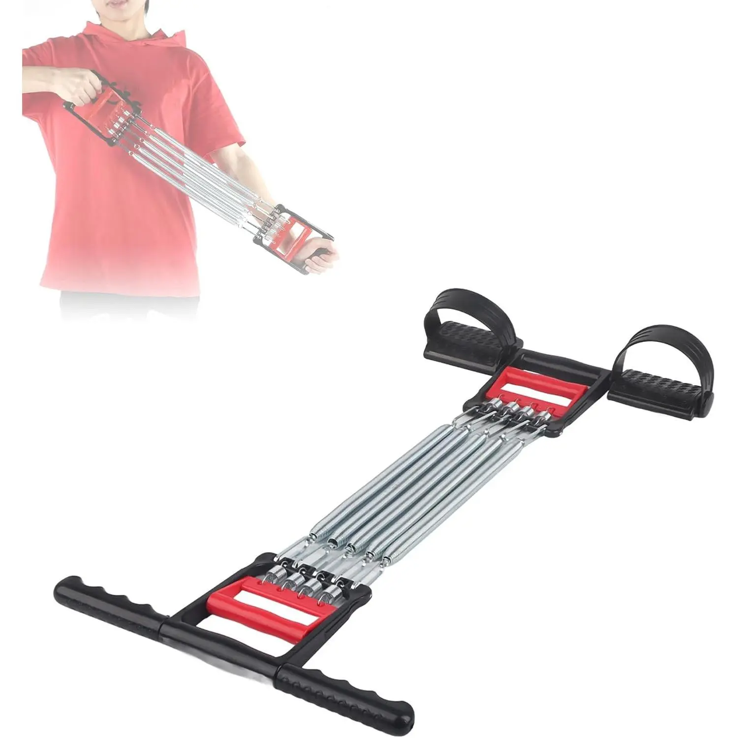 outdoors Spring Chest Expander, 3 in 1 Exerciser Multifunction Hand Grip Strengthener Pedal Pull Rope Band Removable Home Fitness Equipment with 5 Metal Springs for Abdomen Arms Chest Training