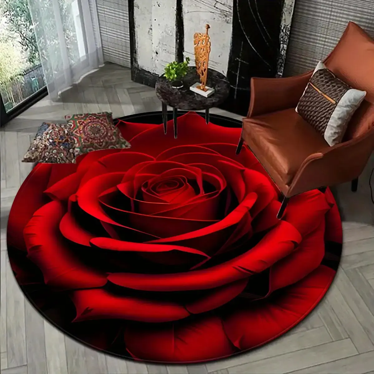 100% Polyester Round Flannel Carpet - Valentine's Day Rose Print, Lightweight, Soft, Wrinkle-Resistant, Anti-Shrinkage, Fade-Resistant, Durable, Kid-Safe, Ideal for Bedrooms, Kid Room Decor