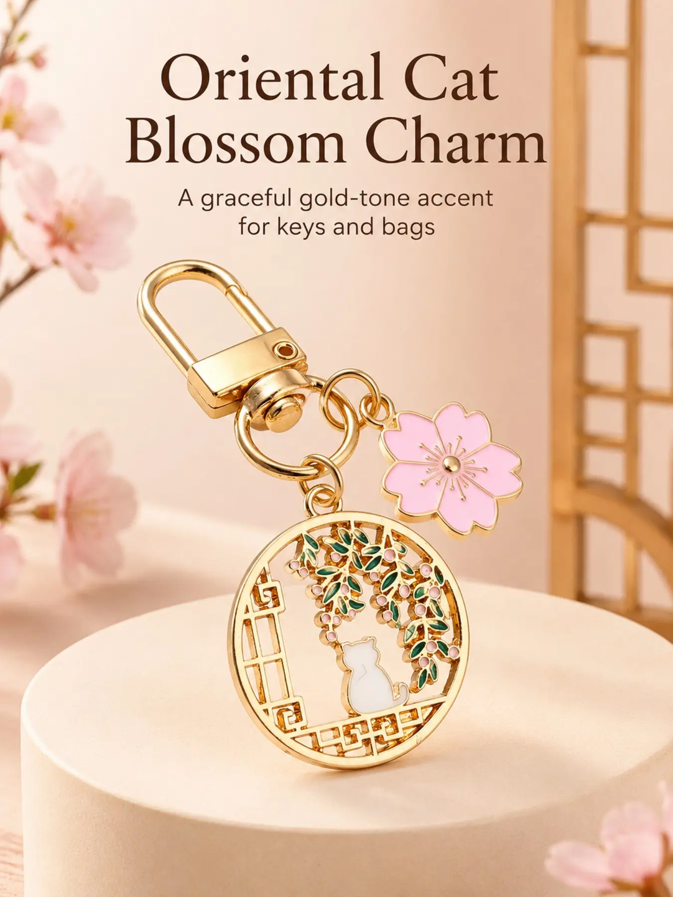 Chinese Style Hollow Cat Cherry Blossom Bag Charm Pendants – Vintage Window Frame Floral Bag Chain Charms, Elegant Oriental Bag Decoration Pendant, For Women Handbag & Key Accessories