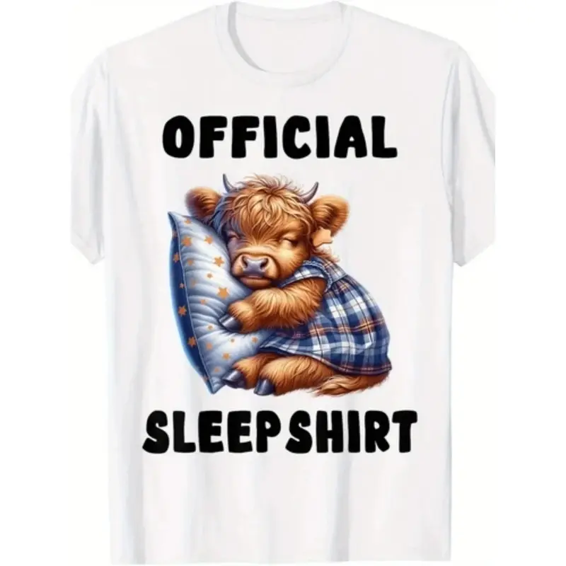 Men's Classic Minimalist Menswear Short-Sleeve Round Neck Sleepshirt - Retro Scottish Highland Cow Graphic, "Official Sleepshirt" Text, Simple All-Season Comfort Casual Pajama Top (Sports & Outdoor Clothing), Loose, Shortsleeve, Breathable, Cotton, Print,