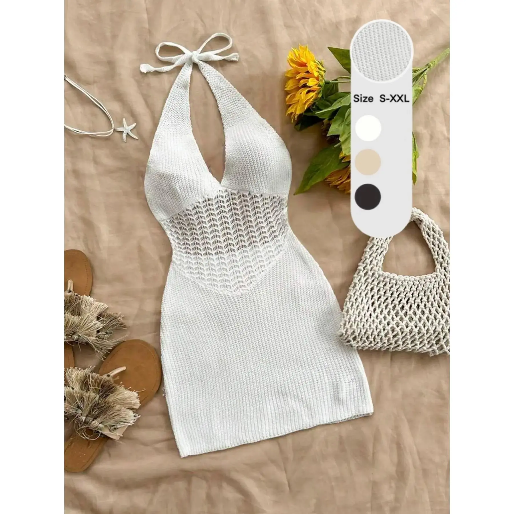 Sexy Deep V Neck Backless Knit Dress for Women, Summer Hollow Out Beach Dress, Fashionable Casual Vacation Wear, Elegant Slimming Sweater Dress, Knitted