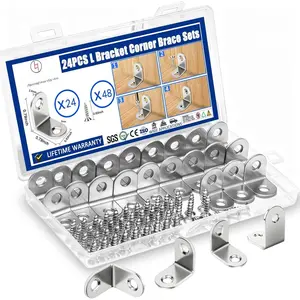 24 count L Bracket Corner Brace, Stainless Steel L Brackets for Shelves, Metal Corner Bracket, Small Right Angle Brackets for  Furniture Chair Drawer Cabinet with 48 count Screws (0.79 x 0.79 inch)