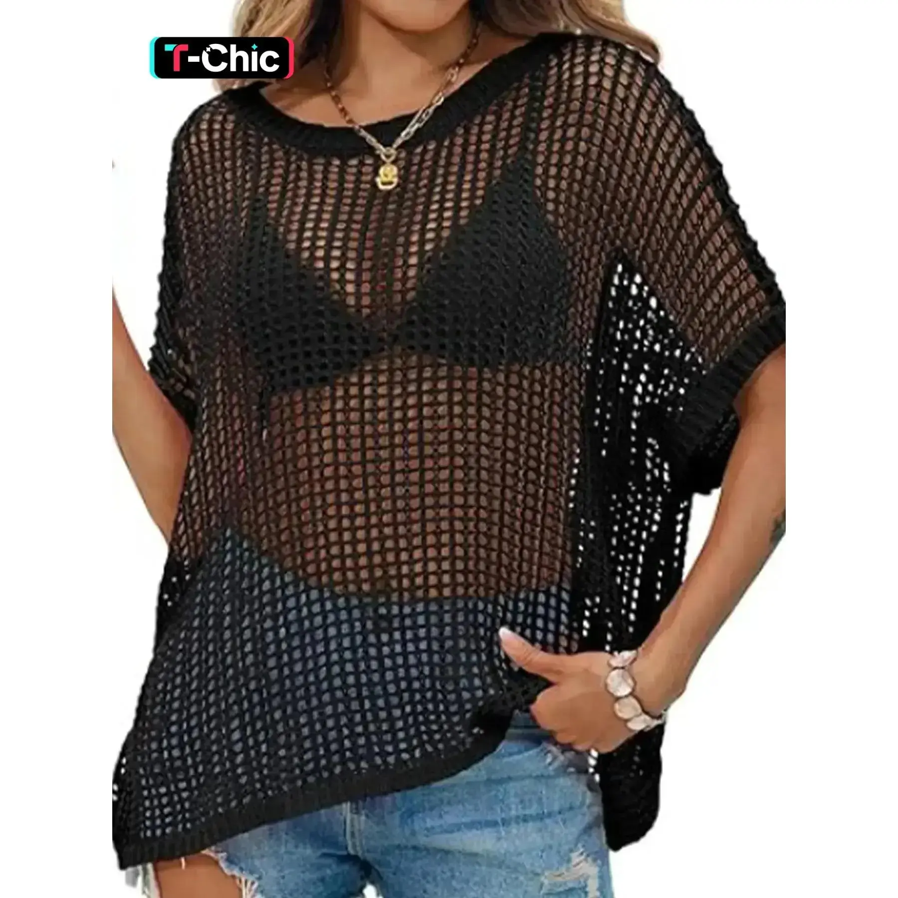 Women's Plain Round Neck Hollow Out Light Knit Crochet Knitting Fitted Sweater, Casual Cover Up Top for Summer, Fashion Women's Knitwear for Daily Wear, Knit Clothes