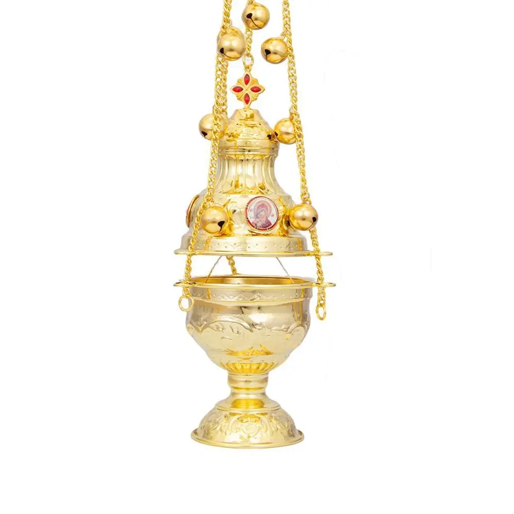 Large Russian Orthodox Hanging Thurible, Gold Plated Incense Censer with Bells, Saint Icon and Cross Suspended Incense Burner for Church Liturgy Prayer