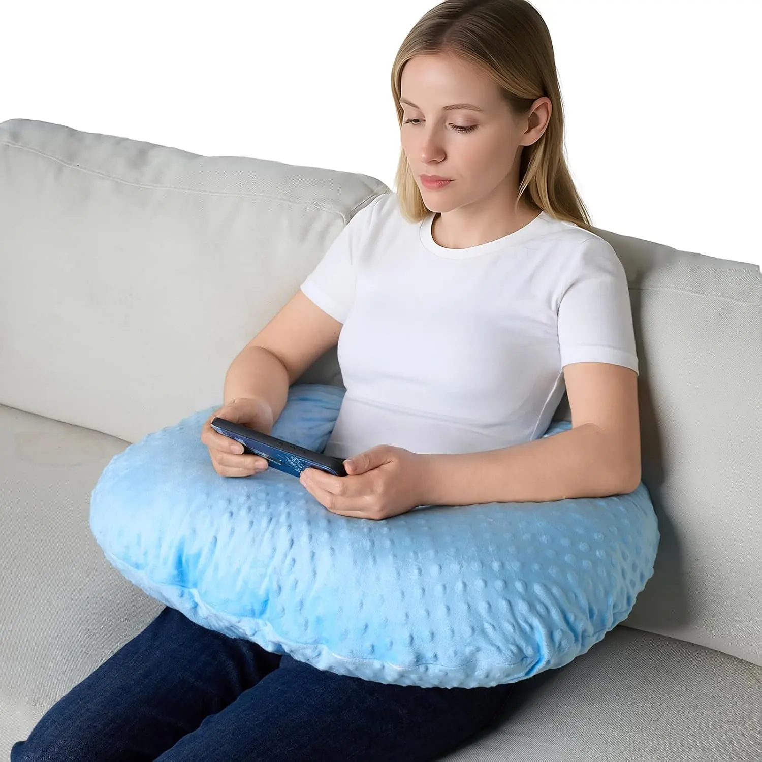 Reading Pillow for Gaming Reading Crochet, U Shaped Arm Support Pillow with Removable Cover Reducing Arching  for Adult Reading and Working Sitting  Bed Sofa for Arm Rest (Blue)
