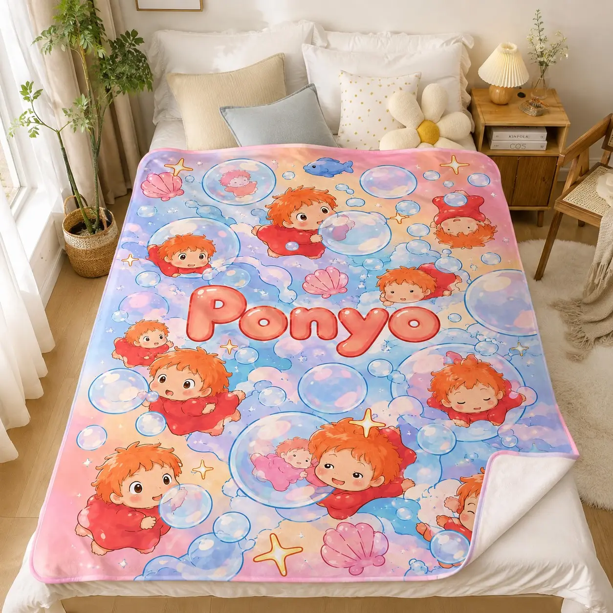 1PC Ponyo Dreamy Ocean Bubble Flannel Blanket, Cute Kawaii Cartoon Style with Orange-Haired Girl, Bubbles, Shells & Blue Waves, Soft Cozy Lightweight Throw for Bed, Sofa, Dorm, Nap, Travel & Gift