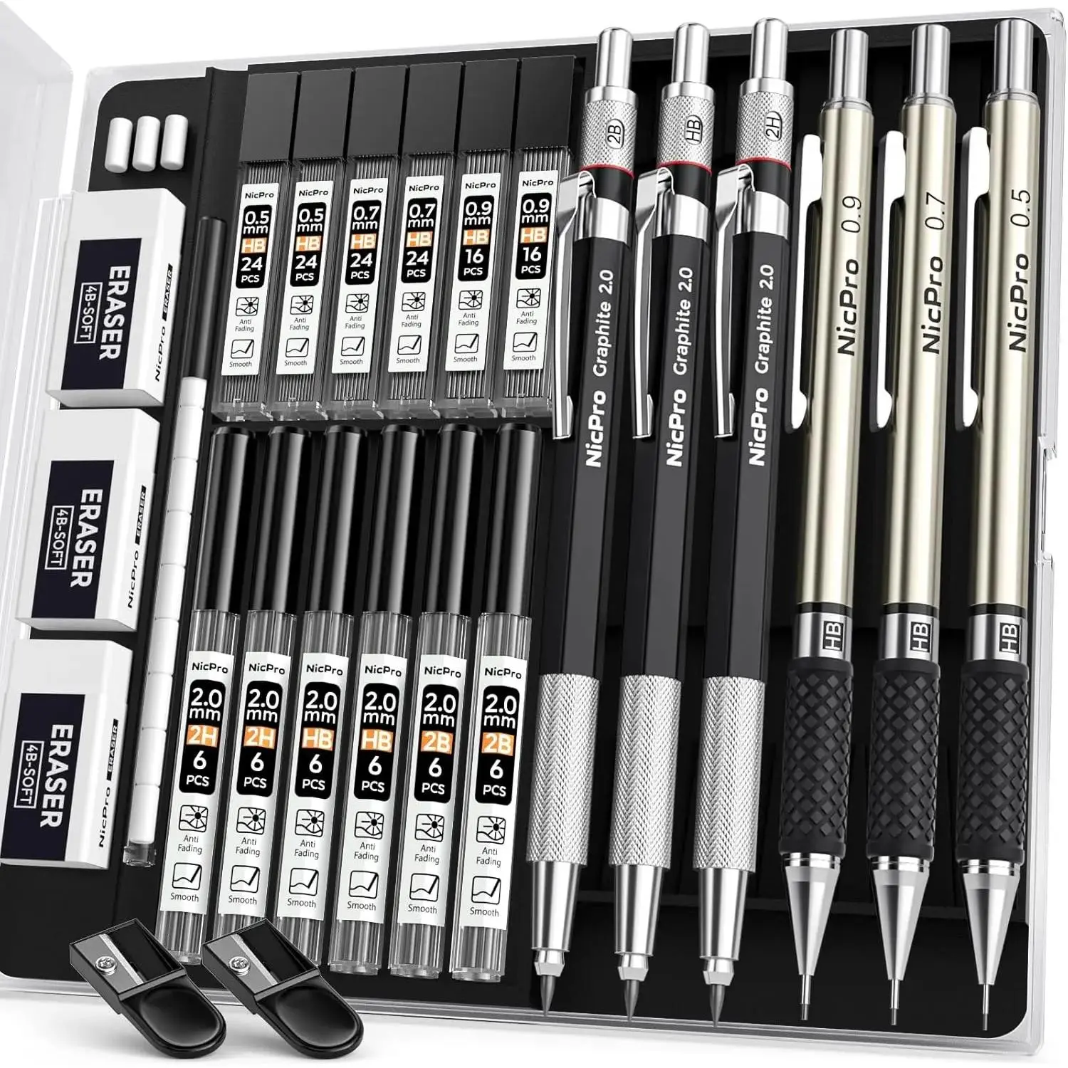 Nicpro 2.0mm Compact Metal Body Drafting Tool Set - Mechanical Pencils, Graphite Lead Holder, Lead Refills Case for Writing, Sketching (Home Storage Organizer)