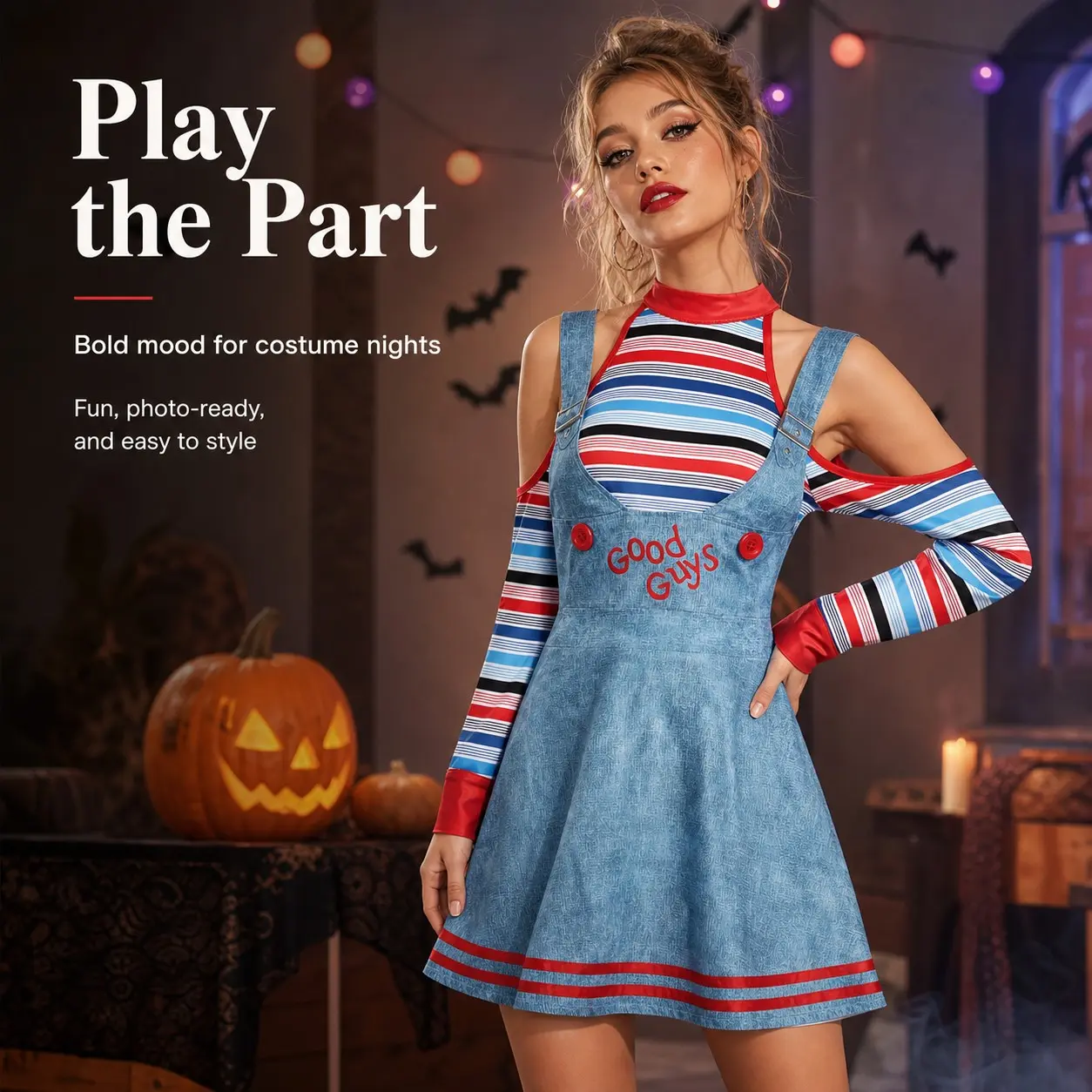 Women's Horror Doll Fashion Costume, 2-Piece Smooth Striped Cold Shoulder Top & Good Guys Overall Skirt with Back Zipper for a Party, Clothes, Accessories