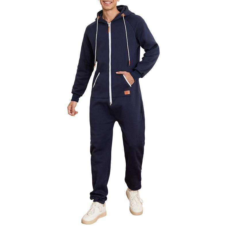 Men's Fleece-Lined Jumpsuit - Hooded Long Sleeve Full-Zip Overalls with Kangaroo Pockets| Winter Workwear, Thermal Coverall, Outdoor Work Suit, Heavy Duty Overalls, Cold Weather Gear Can be used with raincoat
