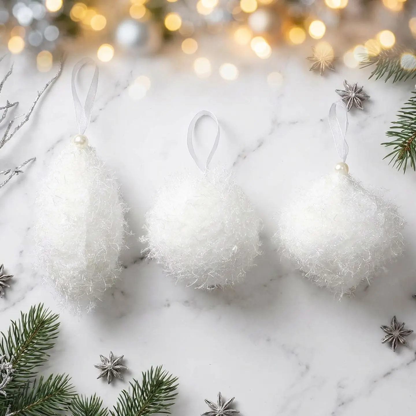 3-Pack Cream Fuzzy Christmas Balls Set, Pearl Ribbon Round Water Drop Rhombus Ornaments, Soft Atmosphere Hanging Decorations