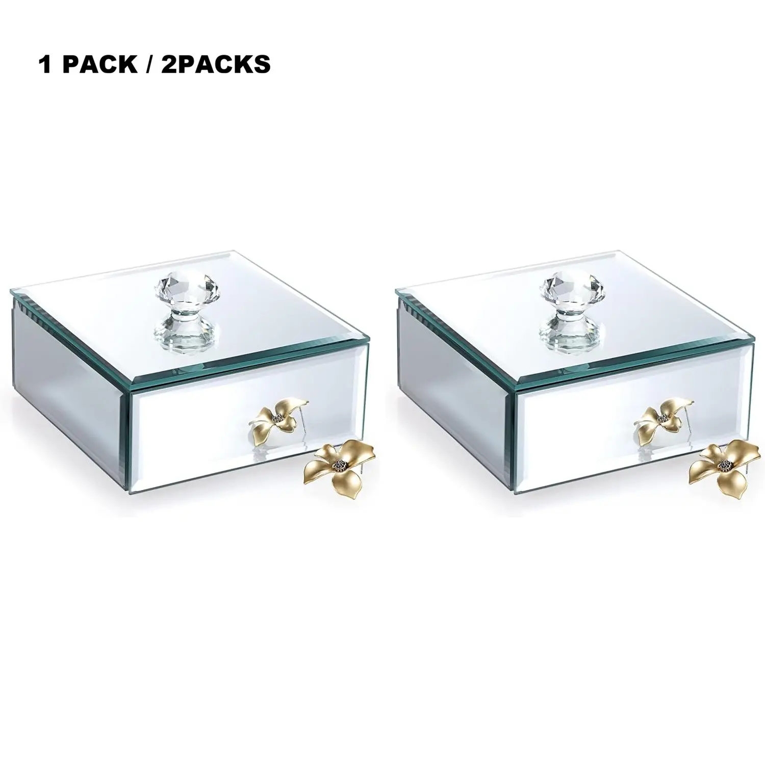 1/2 Pack Silver Glass Mirrored Jewelry Box with Crystal Handle Square Trinket Organizer Treasure Chest Case Classic Keepsake Box for Storage Rings Earrings Necklace Bracele, Ideal Christmas Gift for Women, Wife