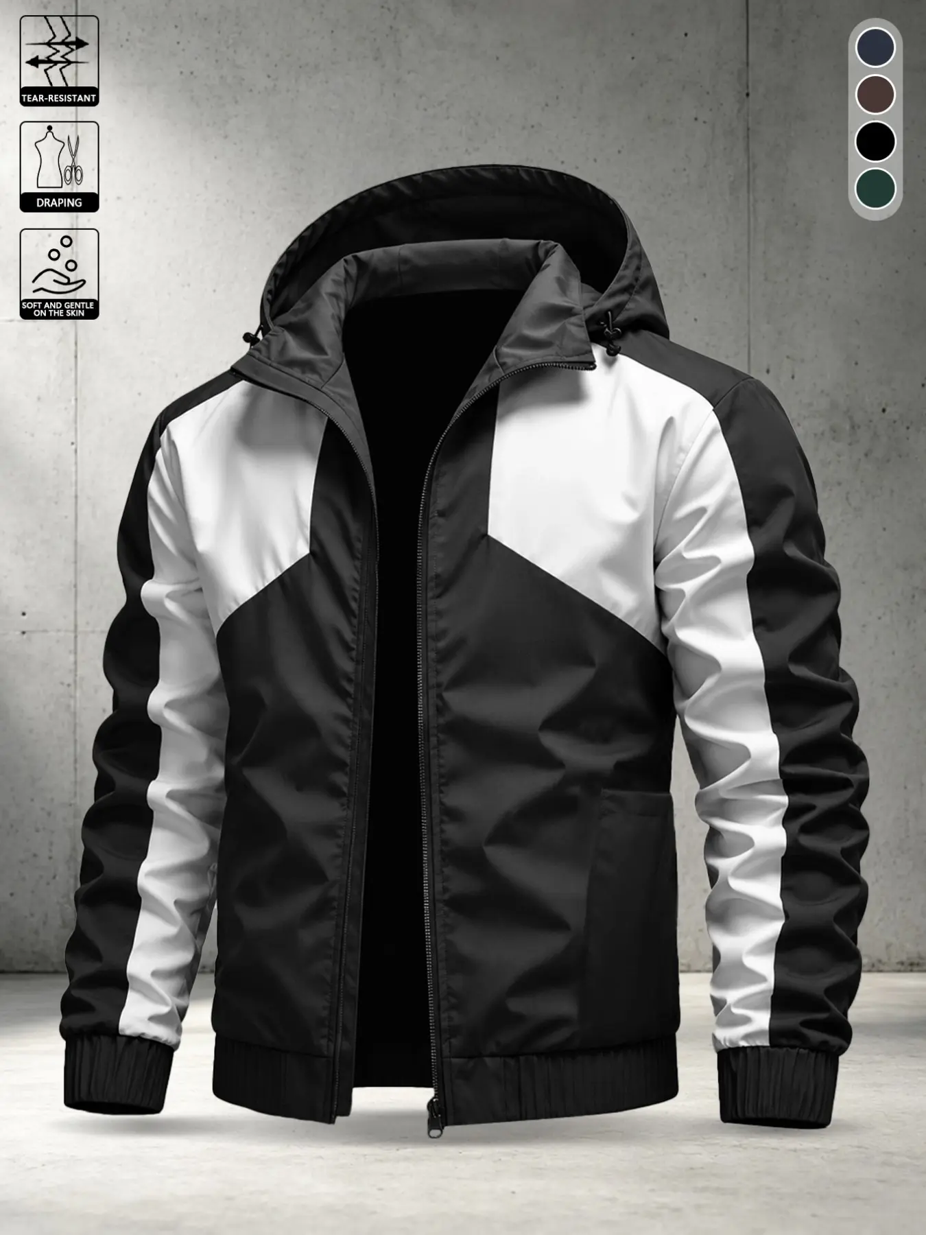 Men's American Colorblock Hooded Sports Jacket, Zipper Daily Commute Loose Fit Coat, Long Sleeve Casual Flying Jacket for All Seasons