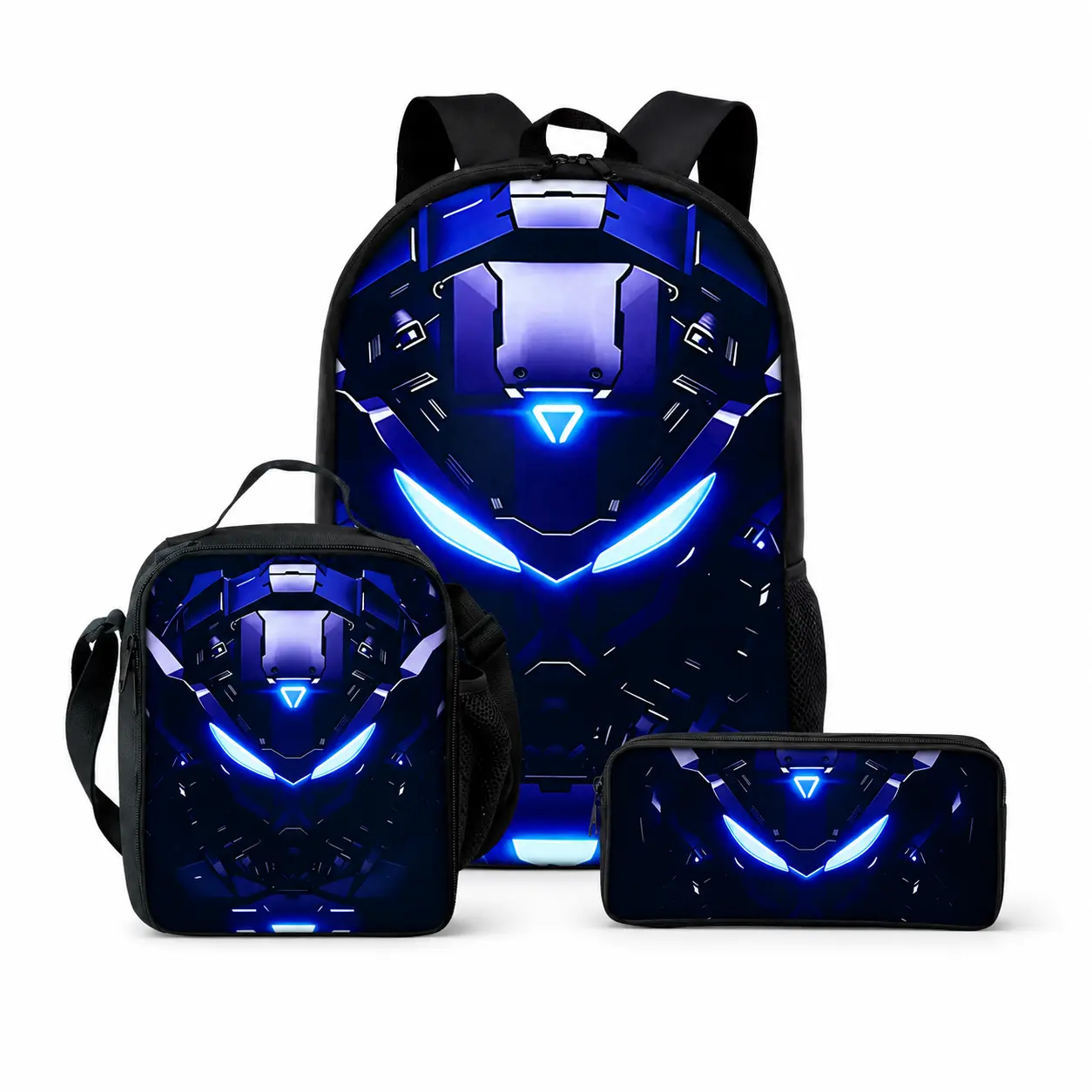 3PCS Kids Backpack Set, Blue Futuristic Robot Mask Print School Backpack with Lunch Bag and Pencil Case, Sci-Fi Mecha Graphic Large Capacity Bookbag, Lightweight Travel Bag with Adjustable Shoulder Straps, Back to School Gift for Boys Girls