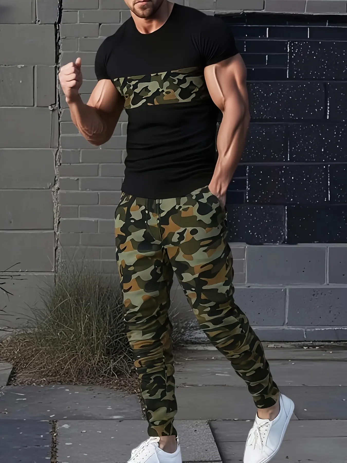 Summer Men's Set, Camouflage Casual Two-Piece, Round Neck Short Sleeve T-Shirt and Long Pants, Street Fashion Style