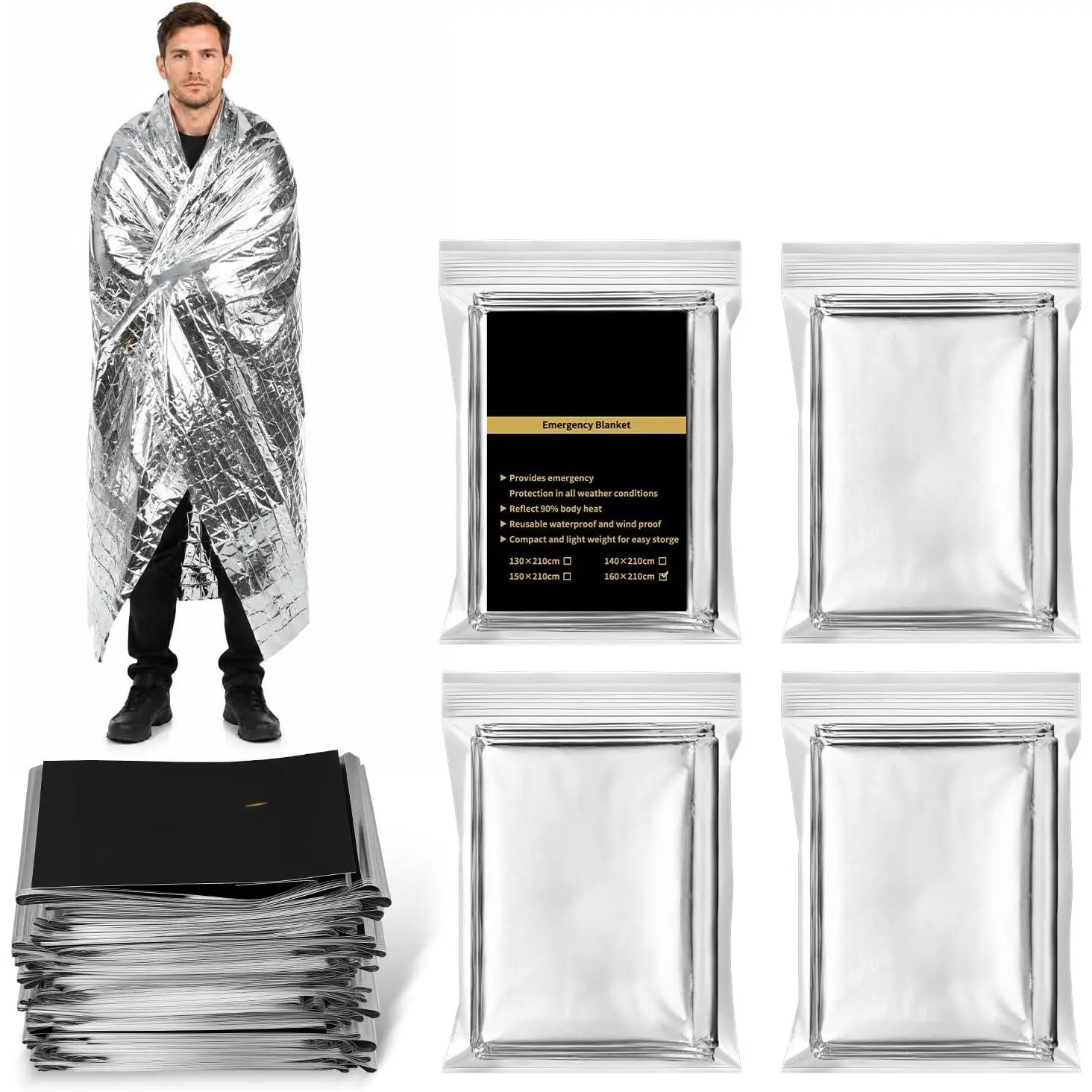 4 Pack  Thermal Mylar Rescue Blankets, 83'' x 63''  Foil  Gear, Essential Automotive Roadside Safety Supplies for  Breakdowns,   &  Use